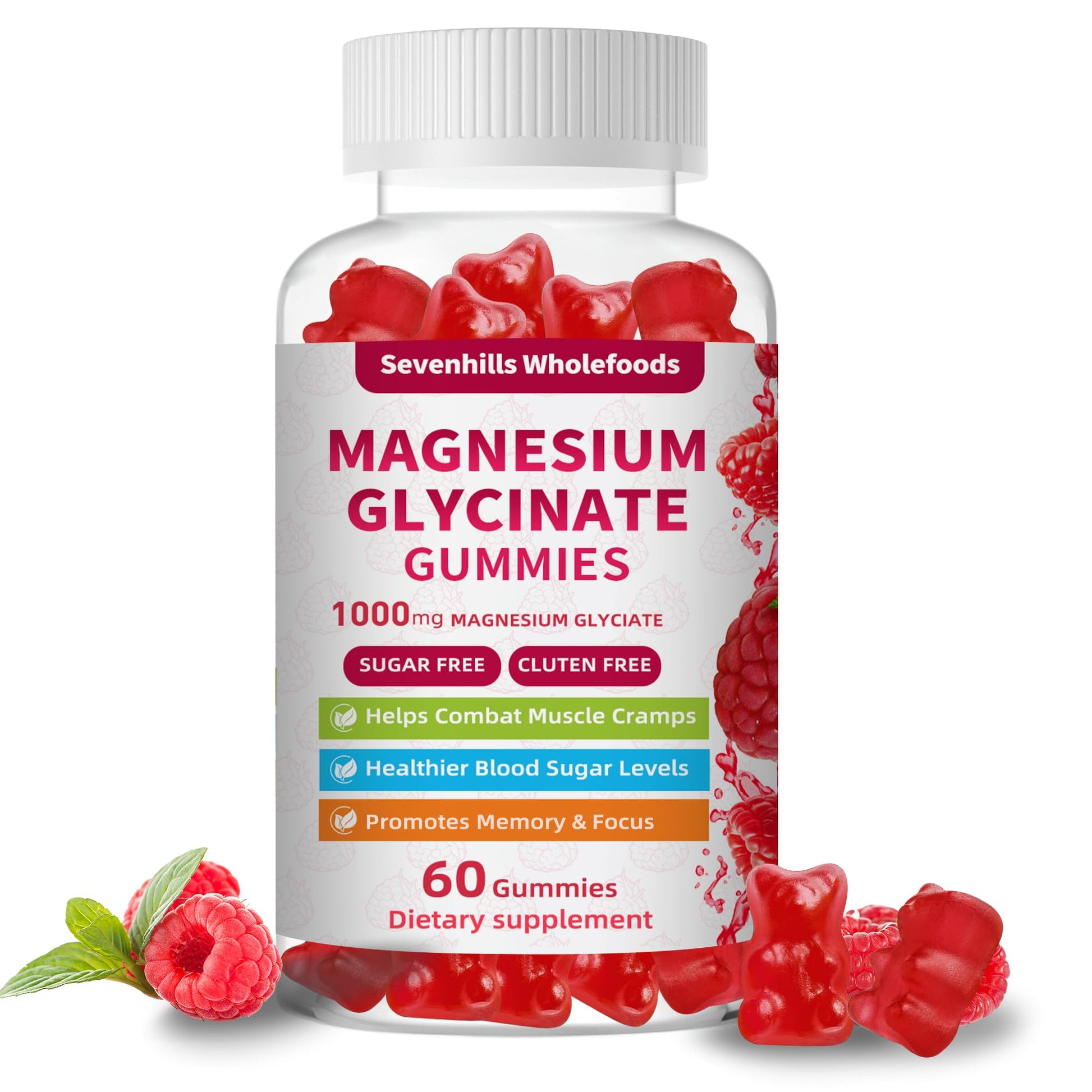 Magnesium Glycinate Gummies 1000mg - Sugar Free Magnesium Potassium Supplement for Relaxation, Calm, Stress Relief, and Sleep Support for Adults & Kids - 60 Raspberry Gummies Sevenhills Wholefoods Au supplements