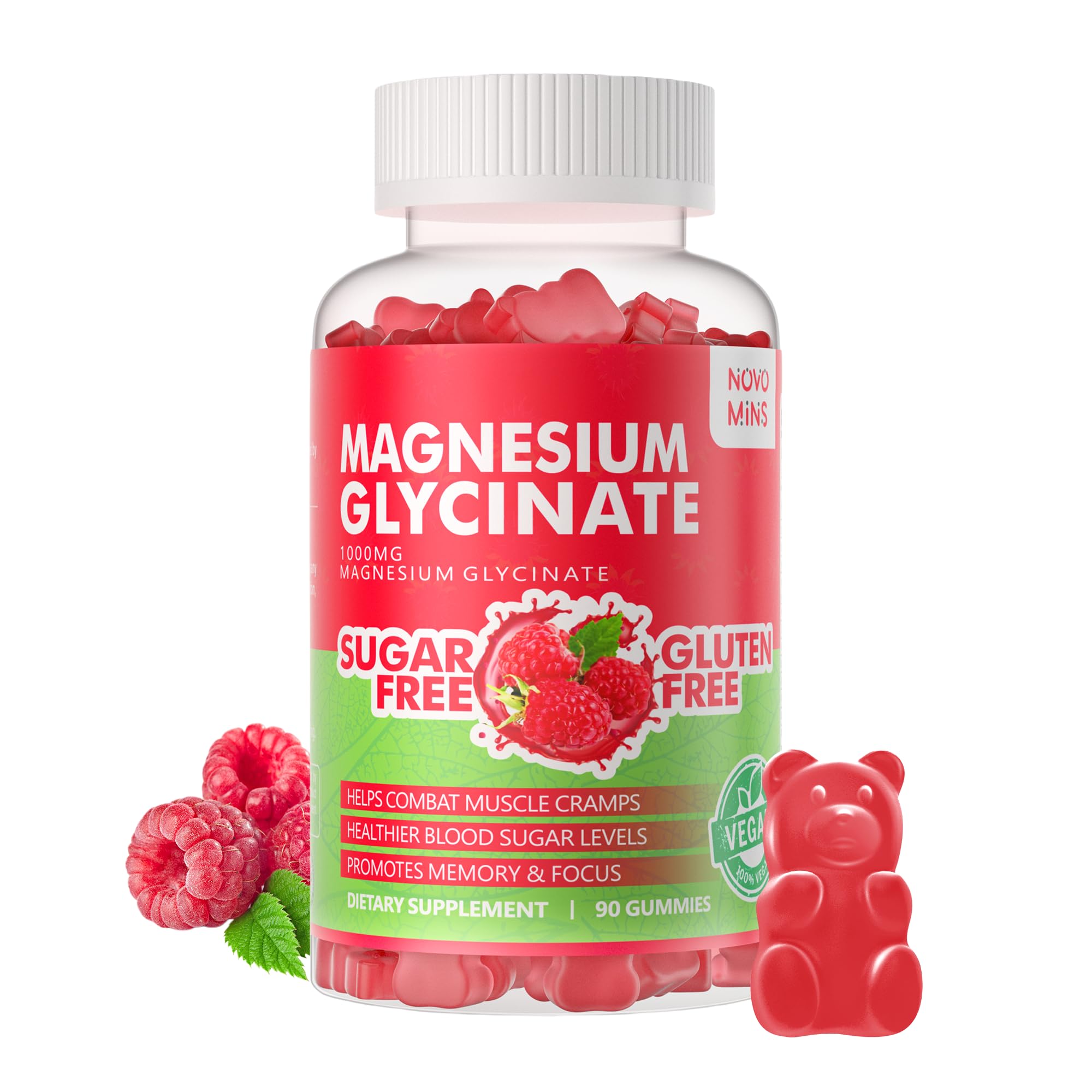 90 CT Magnesium Glycinate Gummies 1000mg - Sugar Free Magnesium Potassium Supplement with Vitamin D, B6, CoQ10 for Calm Mood & Sleep Support - 90 Raspberry Gummies novomins Au supplements