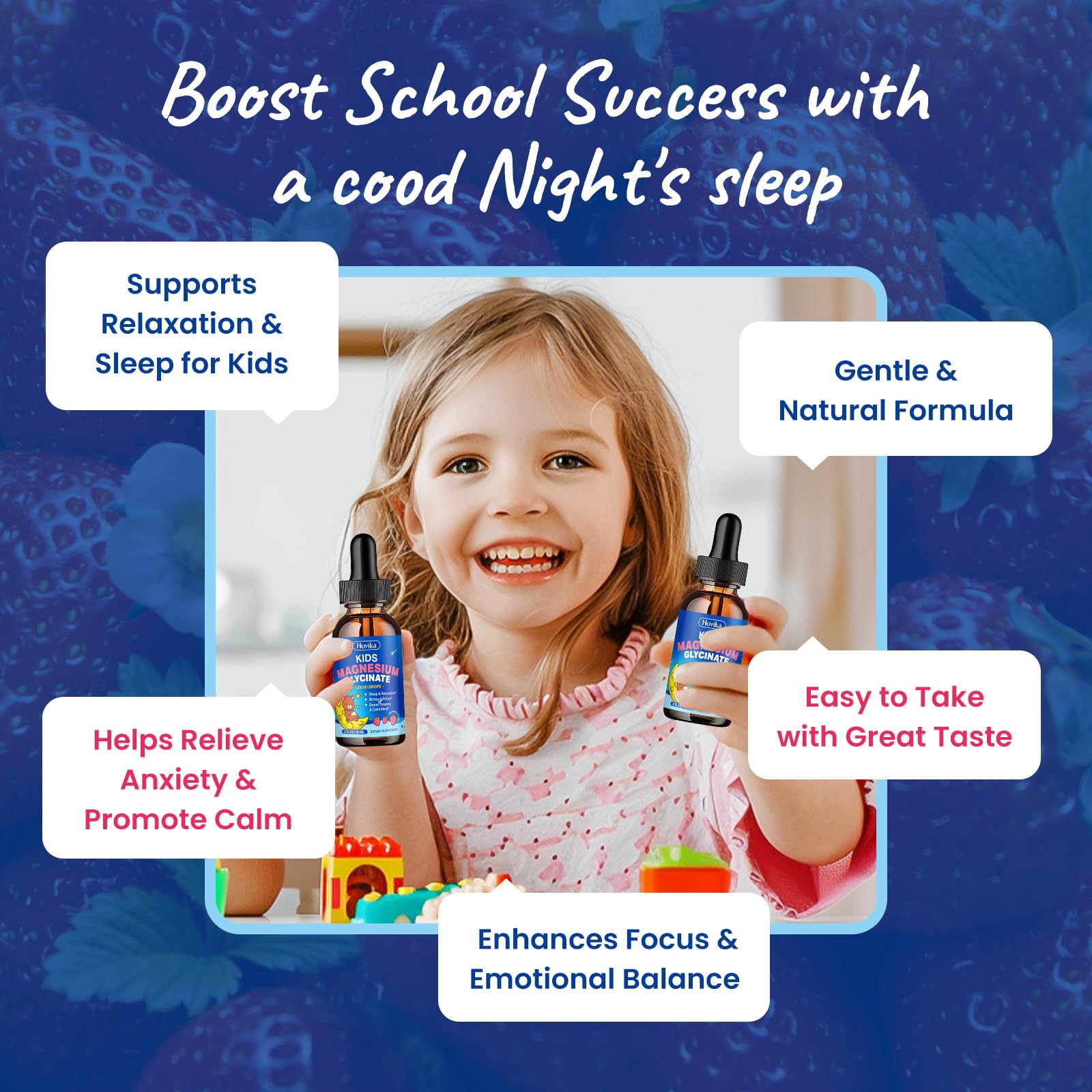 Magnesium Glycinate Liquid for Kids - with L-Theanine Omega-3, Vitamin B6, D3, Zinc - Kids Magnesium Drops for Sleep, Relaxation, Calm & Focus - 2 Fl Oz, Strawberry Flavor Hovika Au supplements