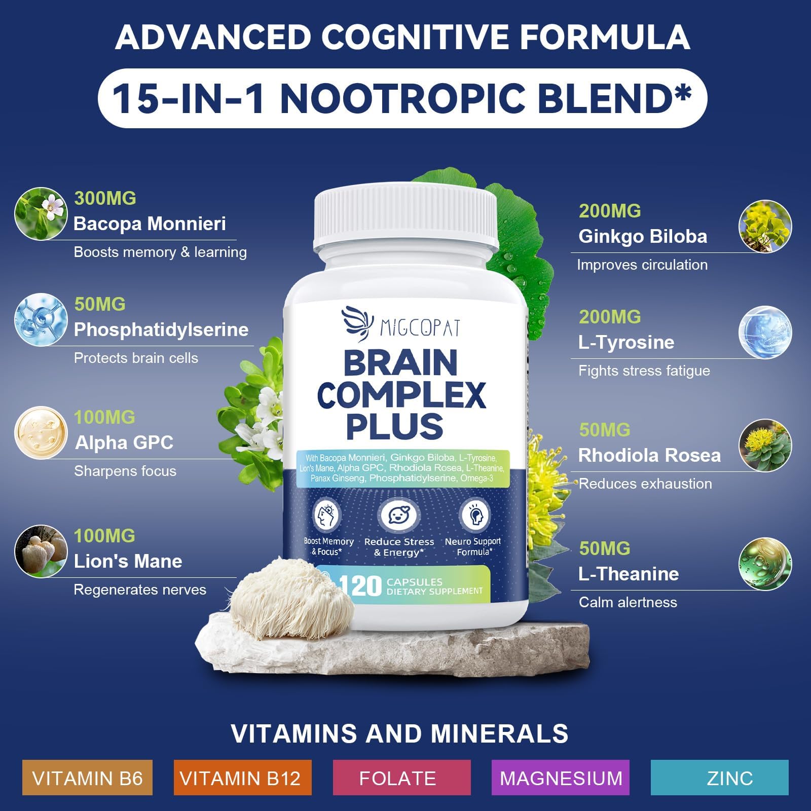 Brain Supplements for Memory and Focus | Nootropic with Bacopa Monnieri, Lion's Mane, Alpha GPC, Ginkgo Biloba | Mental Clarity & Cognitive Support | Vitamin B6 & B12 Neuro Health - Non-GMO, 120 Caps Migcopat Au supplements