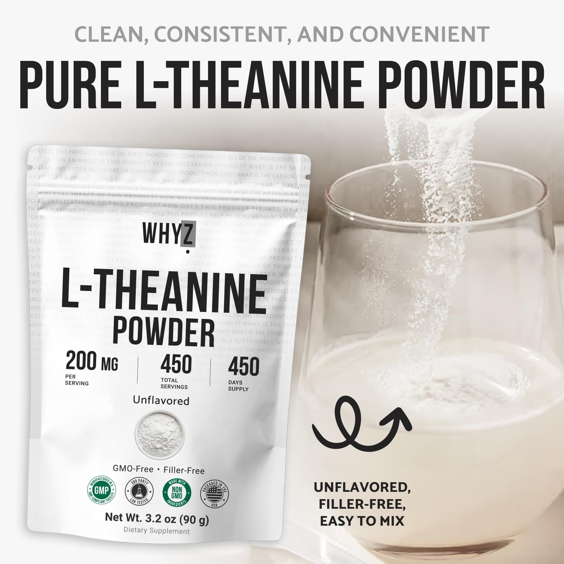 Pure L-Theanine Powder Unflavored Amino Acid Supplement Powder from Fine L-Theanine for Smooth Mixing Vegan Friendly Non-GMO No-Additives for Smoothies Drinks and Daily Nutrition Support, 3.2 oz (90g) WHYZ Au supplements