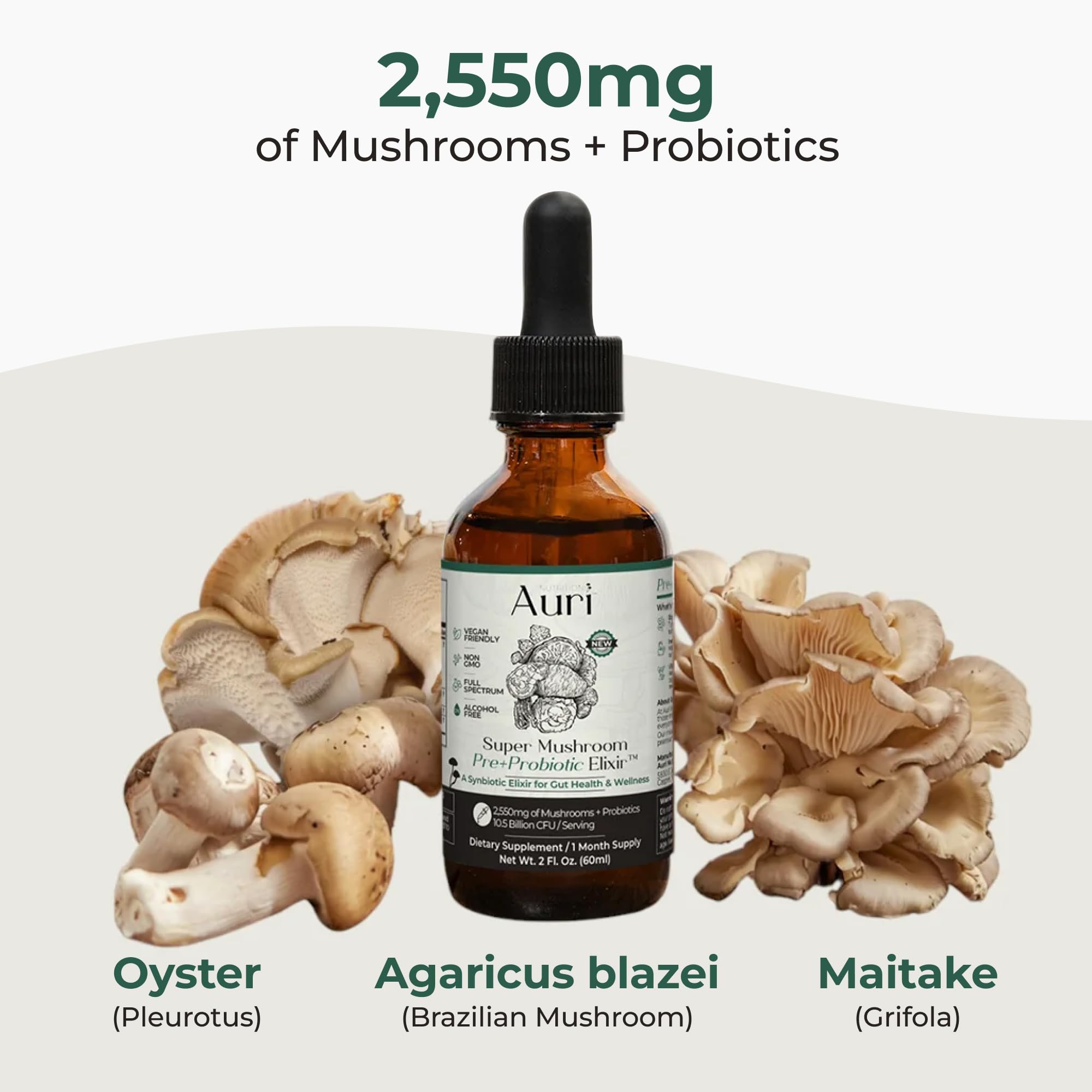 Auri Nutrition Super Mushroom Pre+Probiotic Elixir – 3-in-1 Gut Health Supplement w/7 Probiotic Strains, Prebiotic Mushrooms & Postbiotic Support – Vegan, Non-GMO, Shelf Stable – 30 Servings Auri Au supplements