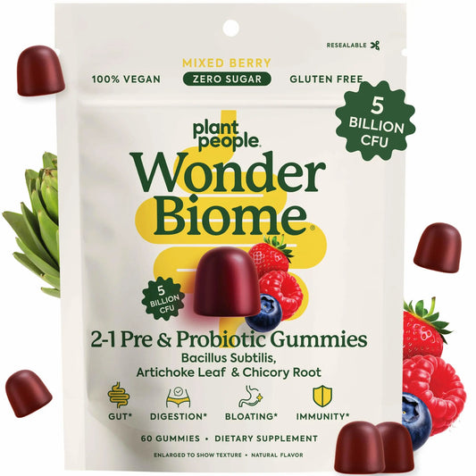 Plant People WonderBiome 2-in-1 Prebiotic + Probiotic Gummies – Zero-Sugar Vegan Digestive Health & Bloating Relief – 5 Billion CFU Bacillus Subtilis DE111 + Artichoke & Chicory – 60 Count Plant PeopleAU supplements