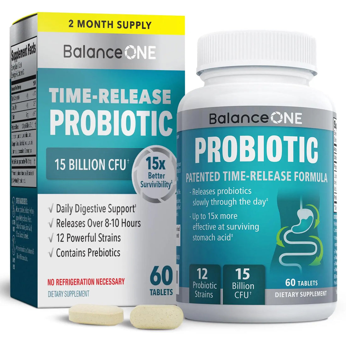 Balance ONE Time Release Probiotic – 15 Billion CFU – 12 Strains Including L. Plantarum – 15x More Survival Than Capsules – Bloating & Gas Relief – Gut & Digestive Health for Women & Men – 60 Tablets Balance ONE uk supplements