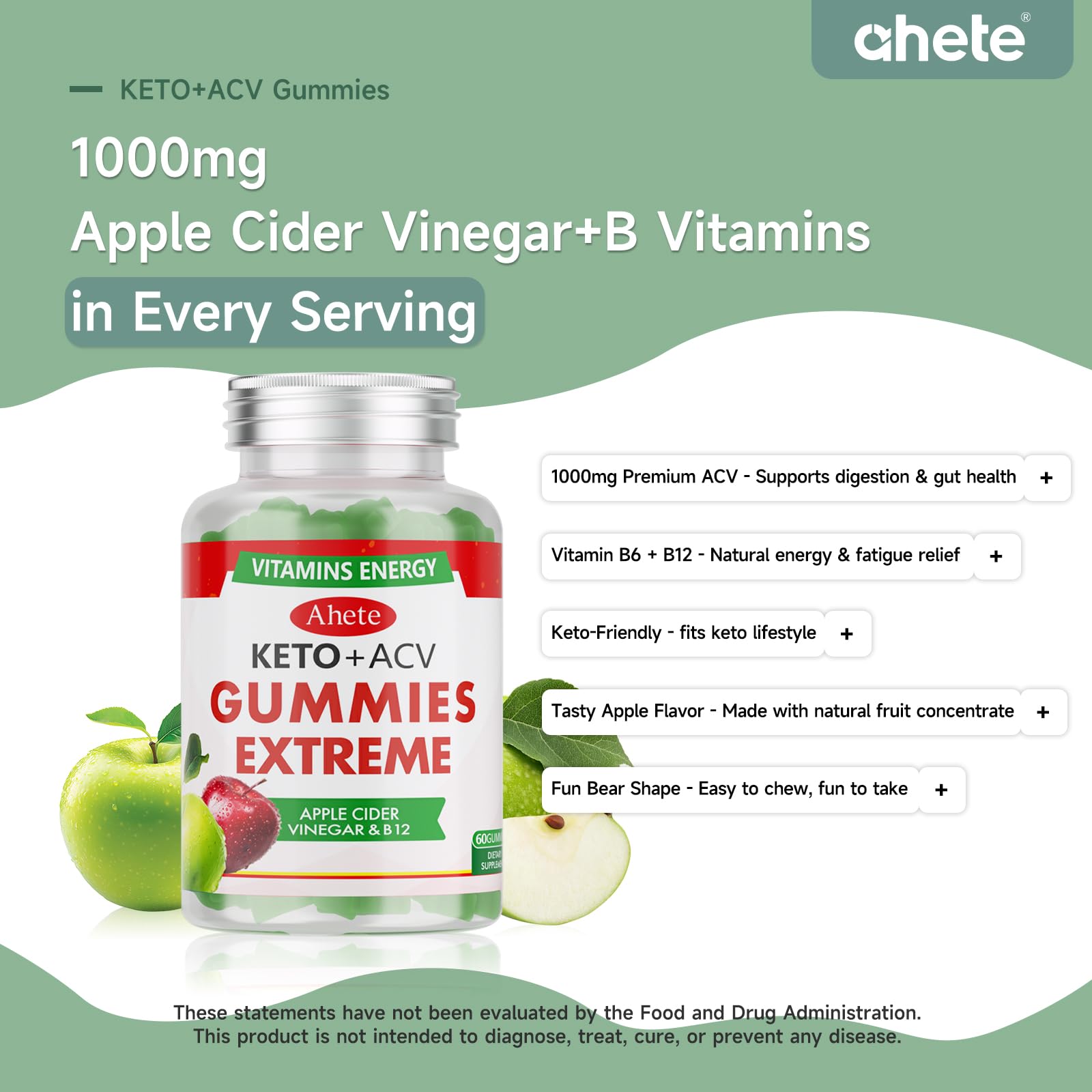 Ahete Keto Apple Cider Vinegar Gummies with Vitamin B6, B12, Folate & Beet Root, Keto ACV Gummies Supports Daily Wellness & Metabolism, Natural Apple Flavor, 60 Gummies (30 Day Supply) Ahete Au supplements