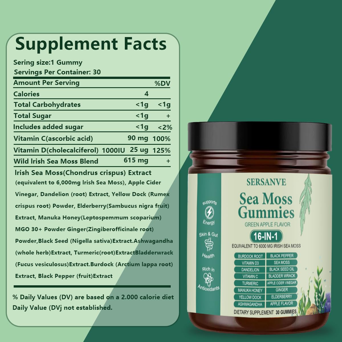 Sea Moss Gummies 16-in-1, with Black Seed Oil, Ashwagandha & Elderberry | Organic Irish Sea Moss Supplement for Men & Women | Daily Support with Manuka, Burdock Root & Vitamins C & D3, 30 Gummies SERSANVE Au supplements