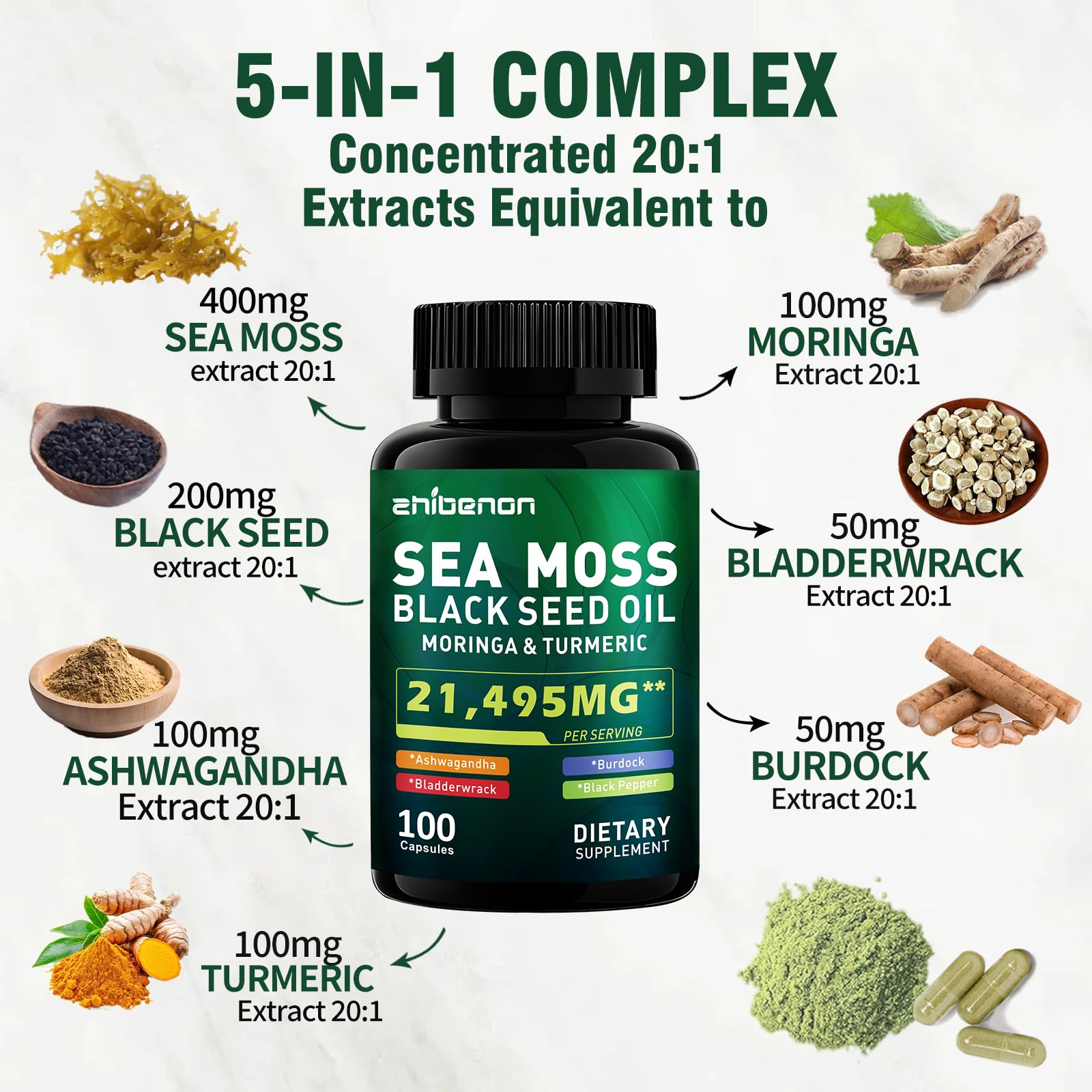 Zhibenon Sea Moss Capsules with Bladderwrack & Burdock - 50 Day Supply - Powerful Formula with Black Seed Oil, Ashwagandha, Turmeric, Vitamin C, Vitamin D3, Moringa & Black Pepper Extract Zhibenon Au supplements