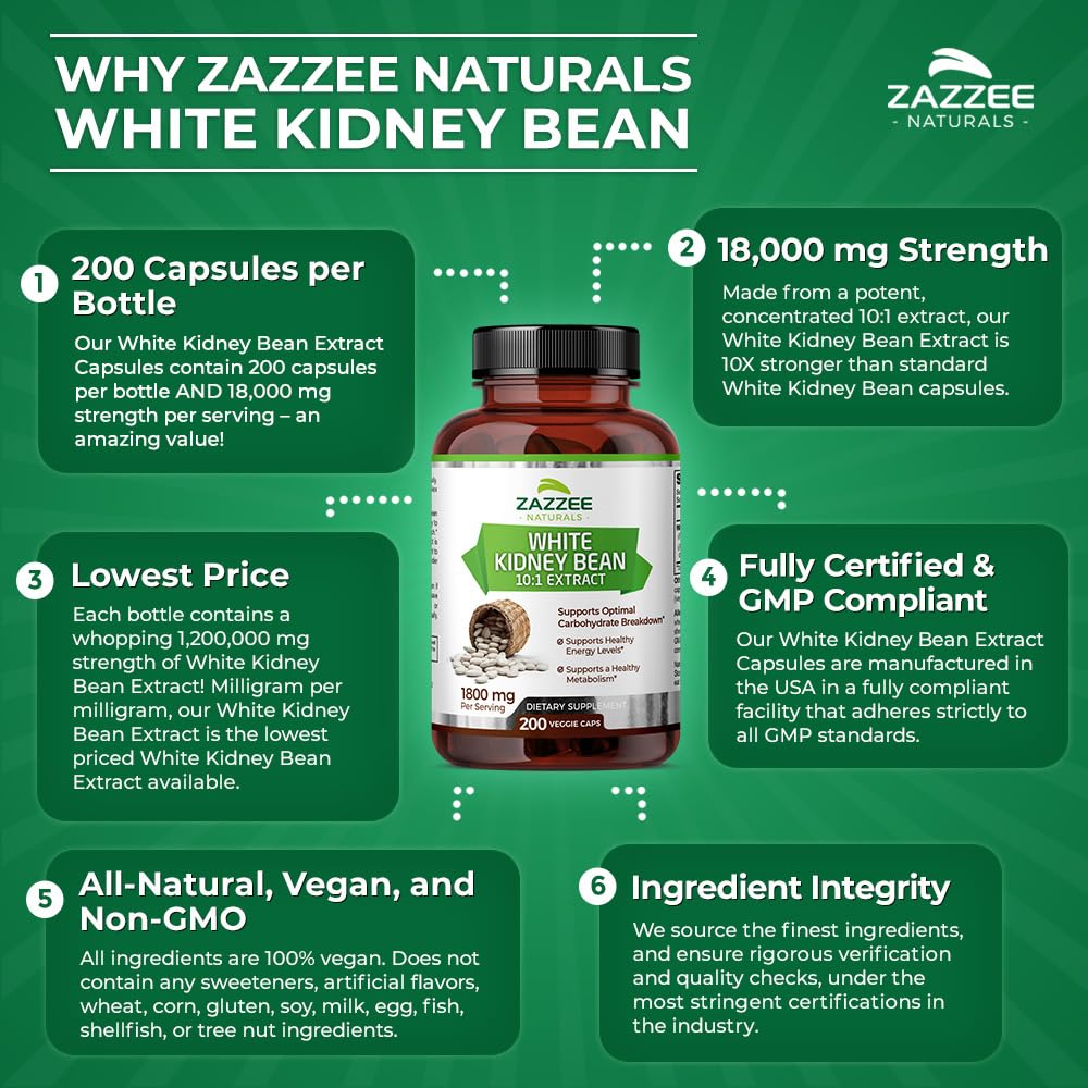 Zazzee White Kidney Bean 10:1 Extract, 18,000 mg Strength, 200 Vegan Capsules, Over 2 Month Supply Zazzee Au supplements