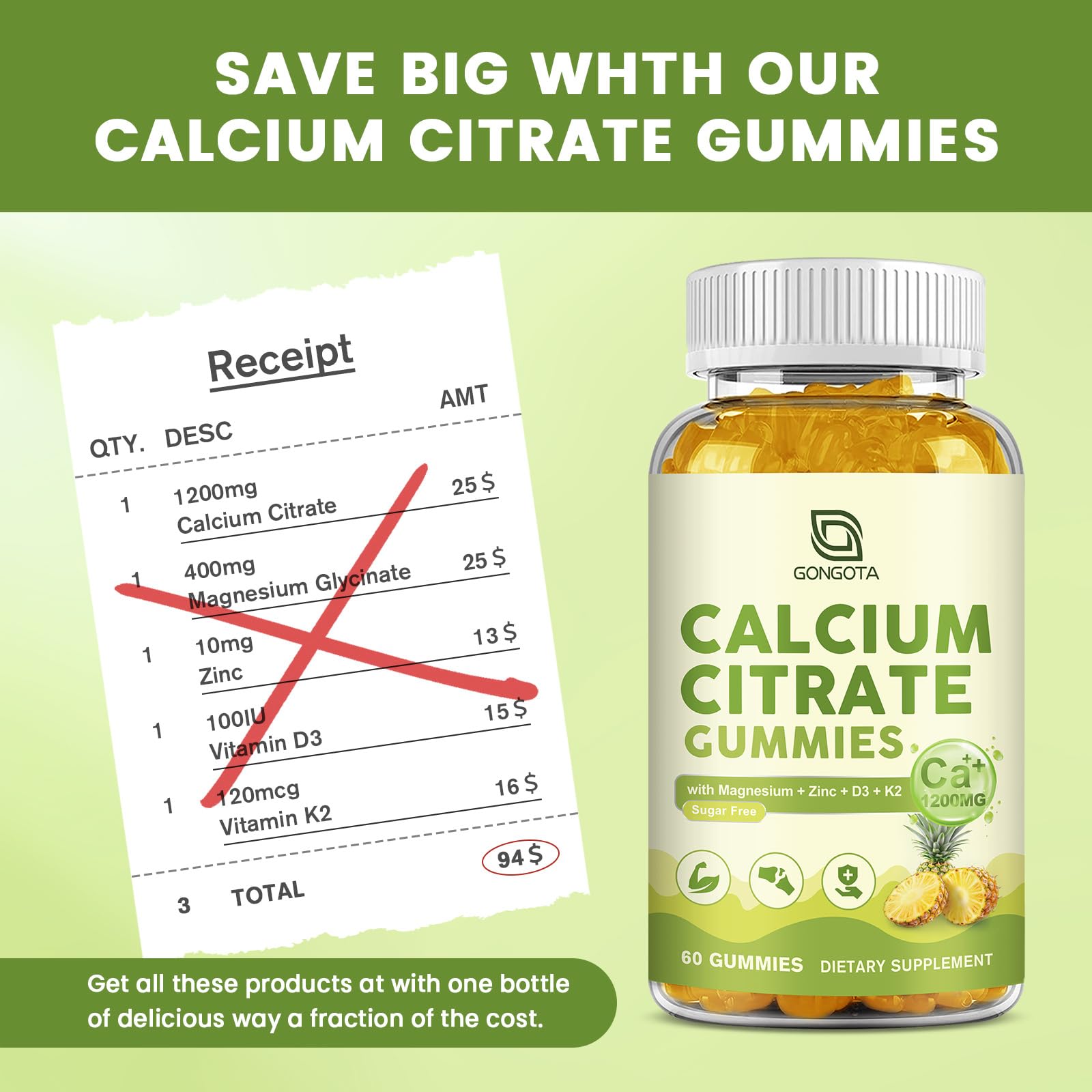 Calcium Citrate Gummies for Women, 1200mg Calcium Citrate Magnesium with Vitamin C D3 K2, Absorption Calcium Supplements for Bone, Muscle, Immune, Sugar Free (120Count) GONGOTA Au supplements