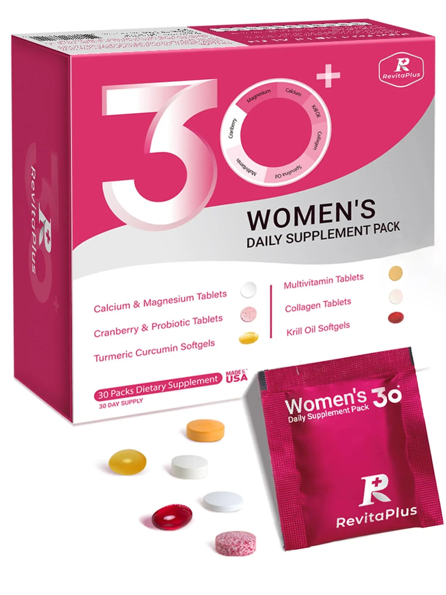 RevitaPlus Multivitamin for Women with Vitamin A,B,C,D3,E,K2,Biotin, Collagen,Krill Oil,Cranberries Supports Energy,Wellness,Beauty and Immune RevitaPlus Au supplements