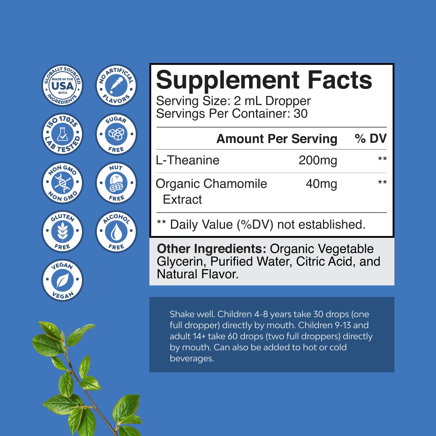 High Absorption L-Theanine Liquid Drops - Nootropic Focus Supplement with L Theanine 200mg Per Serving and Chamomile Extract Supplement for Adults and Kids Relaxation and Focus - 2 Fl Oz Natures Craft Au supplements