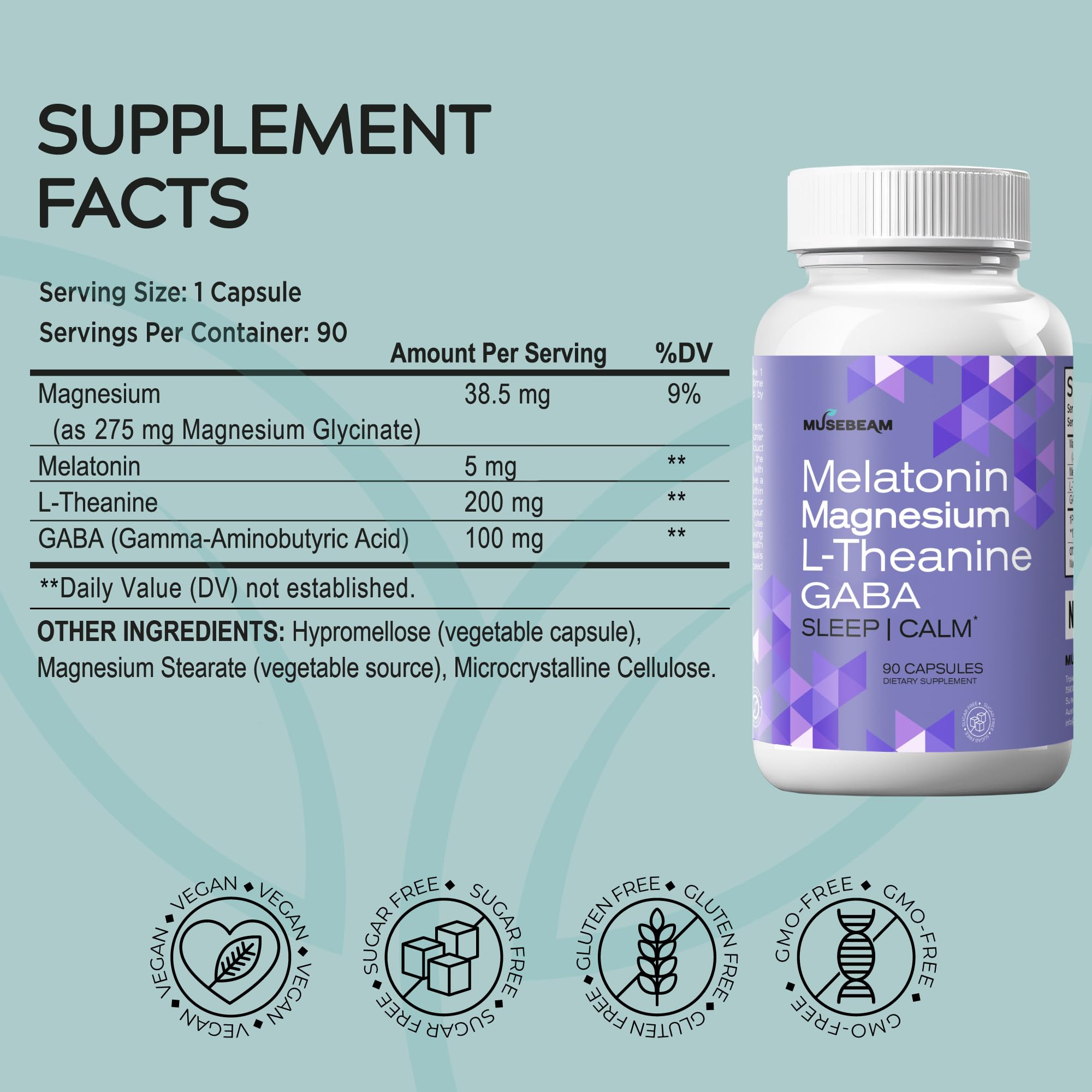 MuseBeam Magnesium Glycinate 275mg Melatonin 5mg L-Theanine 200mg GABA 100mg Capsules - Full Rest Nighttime Bedtime Support Supplement for Men Women - Vegan Sugar-Free Gluten-Free musebeam Au supplements