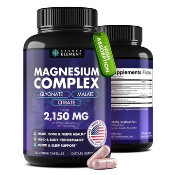 Magnesium Complex 2,150MG, High Absorption Capsules with Magnesium Glycinate, Citrate & Malate, Plus Vitamin B6, B2, Folate & Beet Root, Vegan, Non-GMO, No Artificial Additives, 90 Capsules Secret Element Au supplements