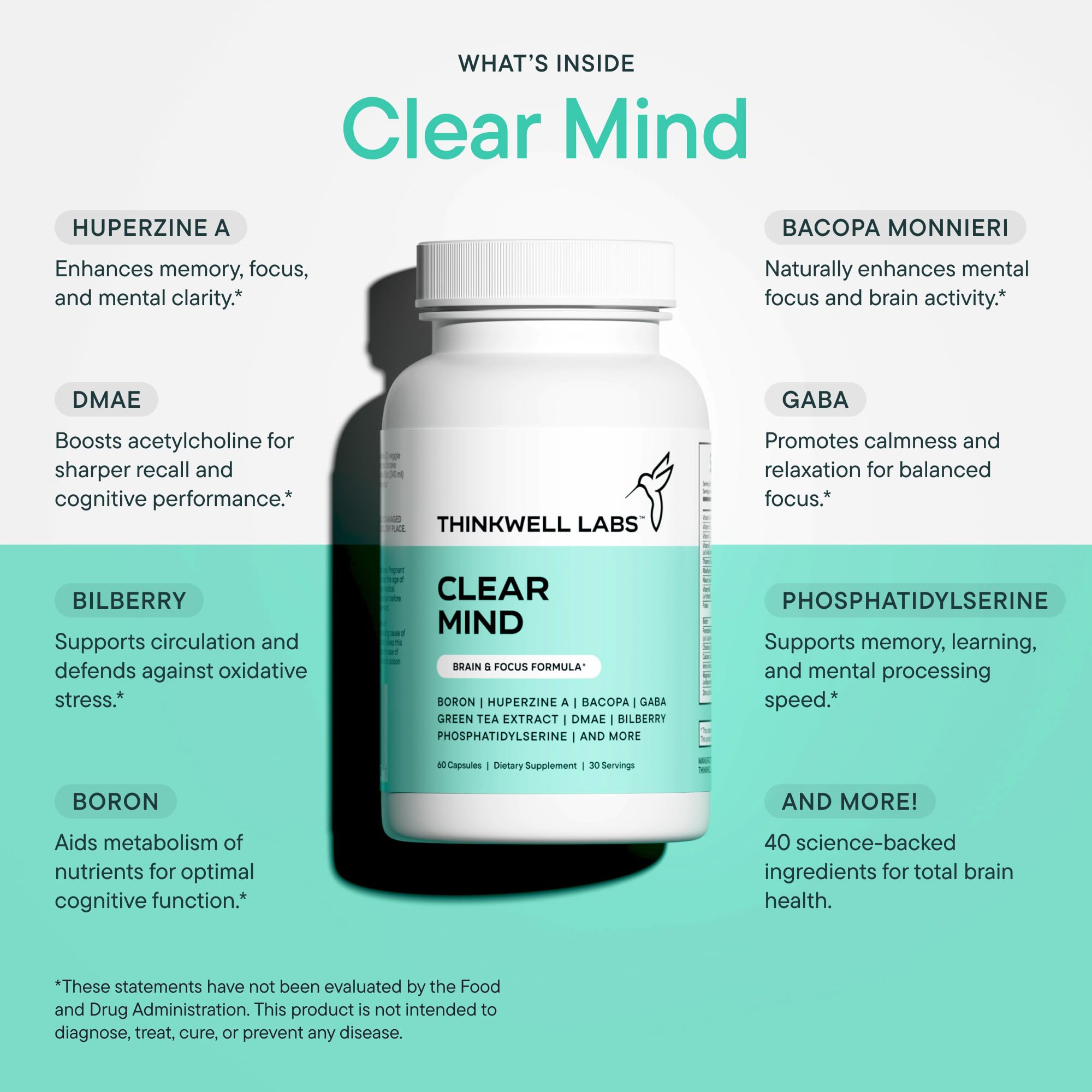 THINKWELL LABS Brain Supplements for Memory and Focus for Women and Men, Focus Supplement, Memory Supplement for Brain, Nootropic with Boron, Huperzine A, Phosphatidylserine (40-in-1, 60 Capsules) THINKWELL LABS Au supplements