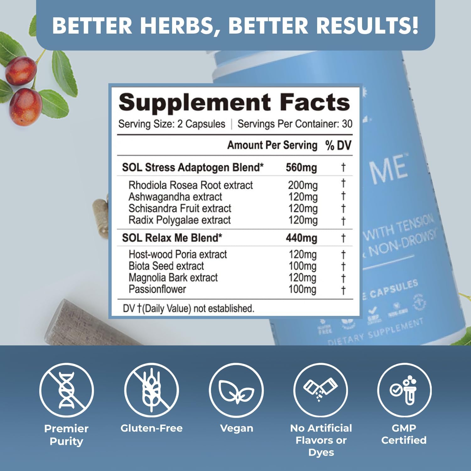 Sol Nutrition Relax Me - Natural Calming Relief for Stress, Tension, & Worry - 15x More Effective - Support Mood, Relax the Mind & Body - Supplements for Adults - Non-Drowsy - 60 Vegetarian Capsules Sol Nutrition Au supplements