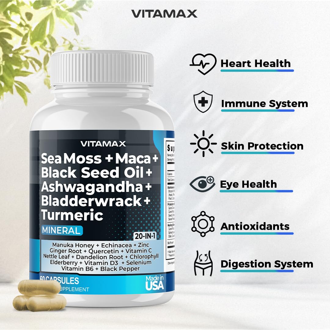 Sea Moss 3000mg Maca 1000mg Black Seed Oil 2000mg Ashwagandha 1000mg Bladderw Vitamax Au supplements