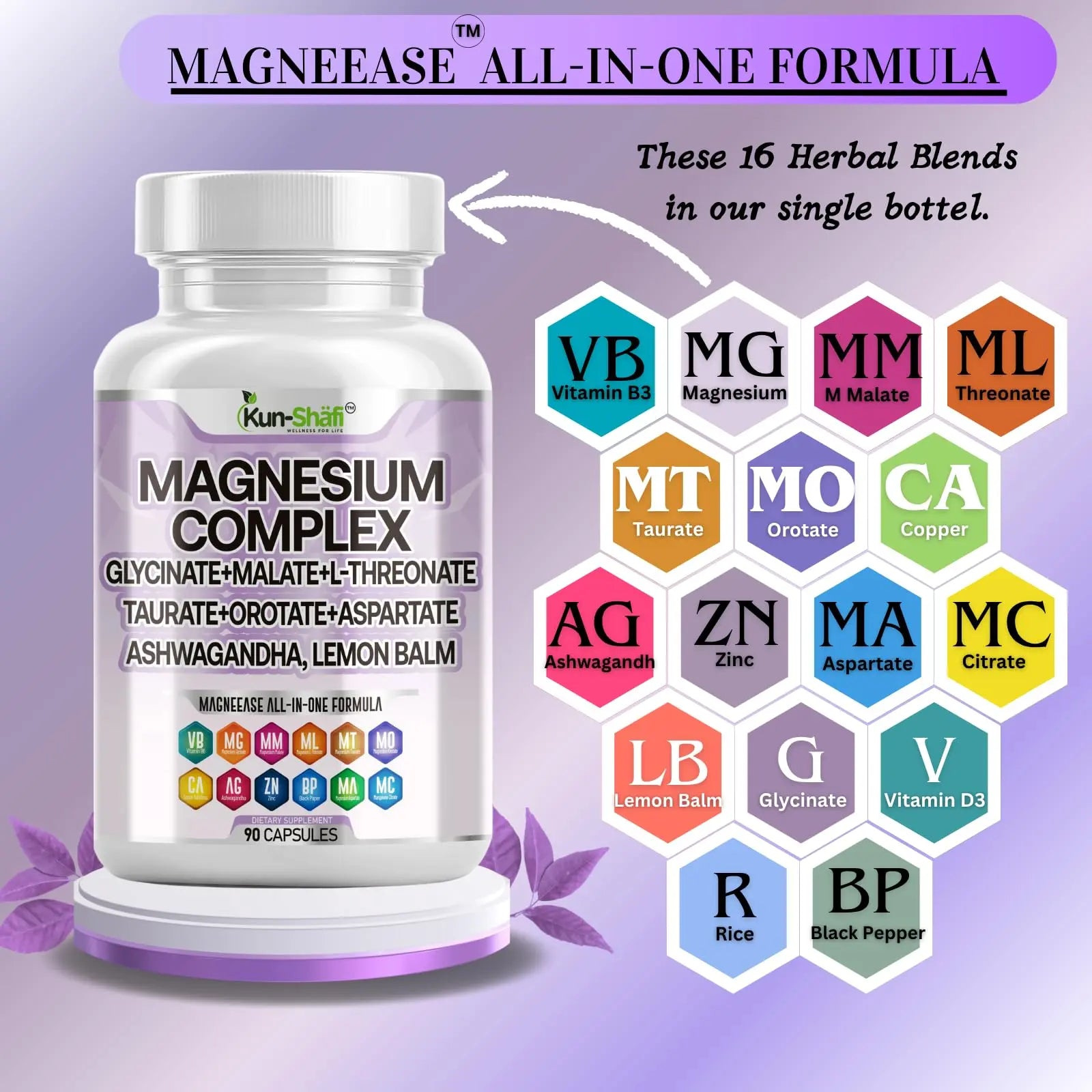 Kun Shafi Magnesium Complex with Magnesium Glycinate Malate, L-Threonate, Taurate, Orotate, Zinc,Aspartate, Copper Manganese & Vitamin D3 B6 Complex - 1Pack Kun Shafi Au supplements