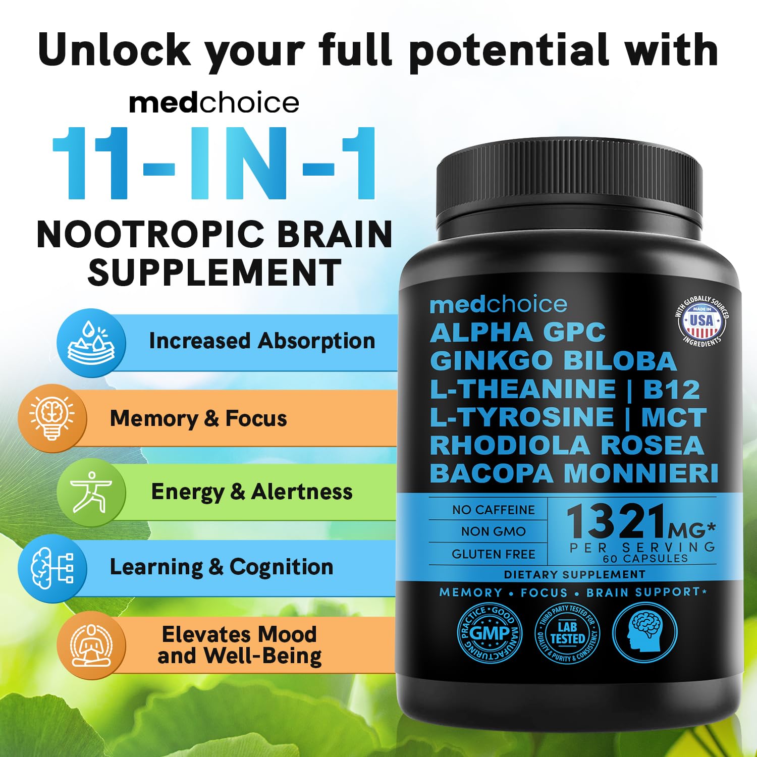 12-in-1 Nootropic Brain Supplement Anhydrous: Ginkgo Biloba for Brain Support, Memory and Focus - B12, Alpha GPC, L Theanine and Choline Supplements with Bioperine Non Caffeinated 1321mg (60ct) MEDCHOICE Au supplements