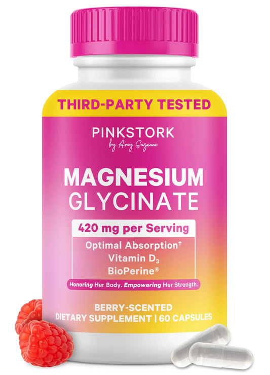 Pink Stork Magnesium Glycinate with Vitamin D - Magnesium Supplement for Women to Support Natural Calm, Mood, and Sleep - Hormone Balance for Women - 60 Capsules, Berry Essence, 1 Month Supply Pink StorkAU supplements