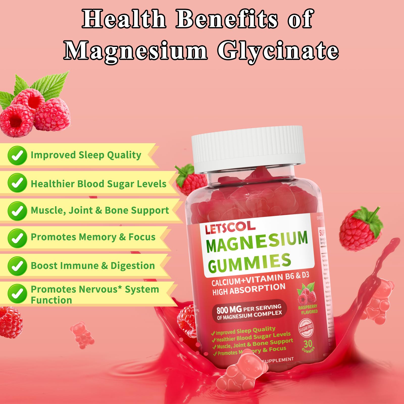LETSCOL Magnesium Glycinate Gummies 800mg Per Serving, Sugar Free Magnesium Supplement with Magnesium Malate, Calcium, Vitamin D3, B6, CoQ10 for Calm Support & Zzz for Adults Kids LETSCOL Au supplements