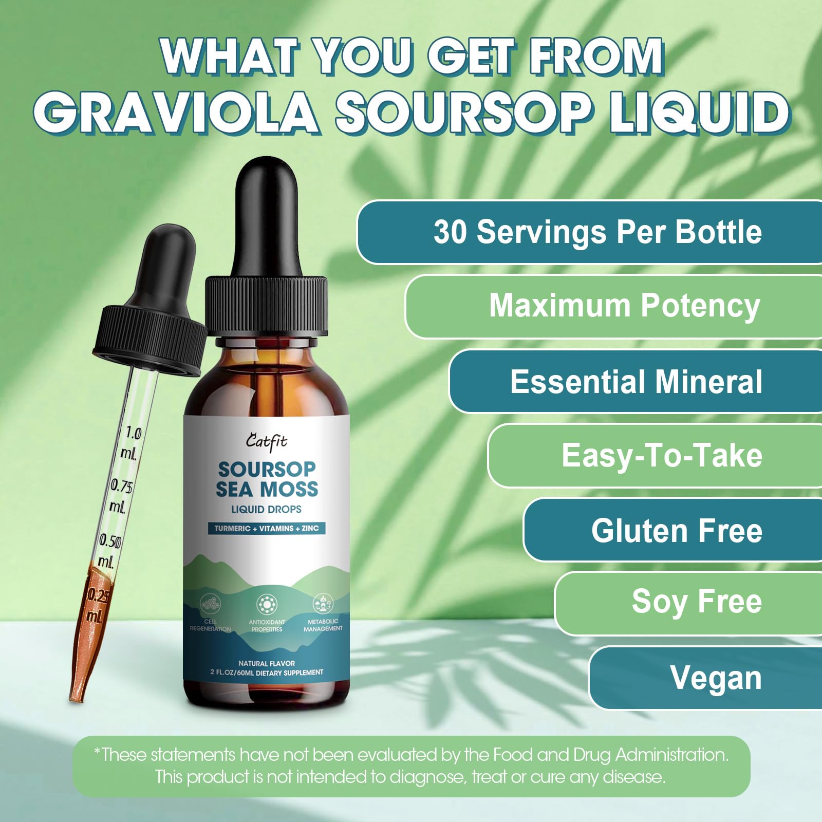 Catfit Soursop Graviola Liquid Drop – Soursop Drops for Cell Support, Antioxidant, Relaxation & Immune Boost with Sea Moss, Turmeric, Black Pepper, B6 C, Zinc, Sugar Free, Gluten Free, Vegan, 2 Fl Oz Catfit Au supplements