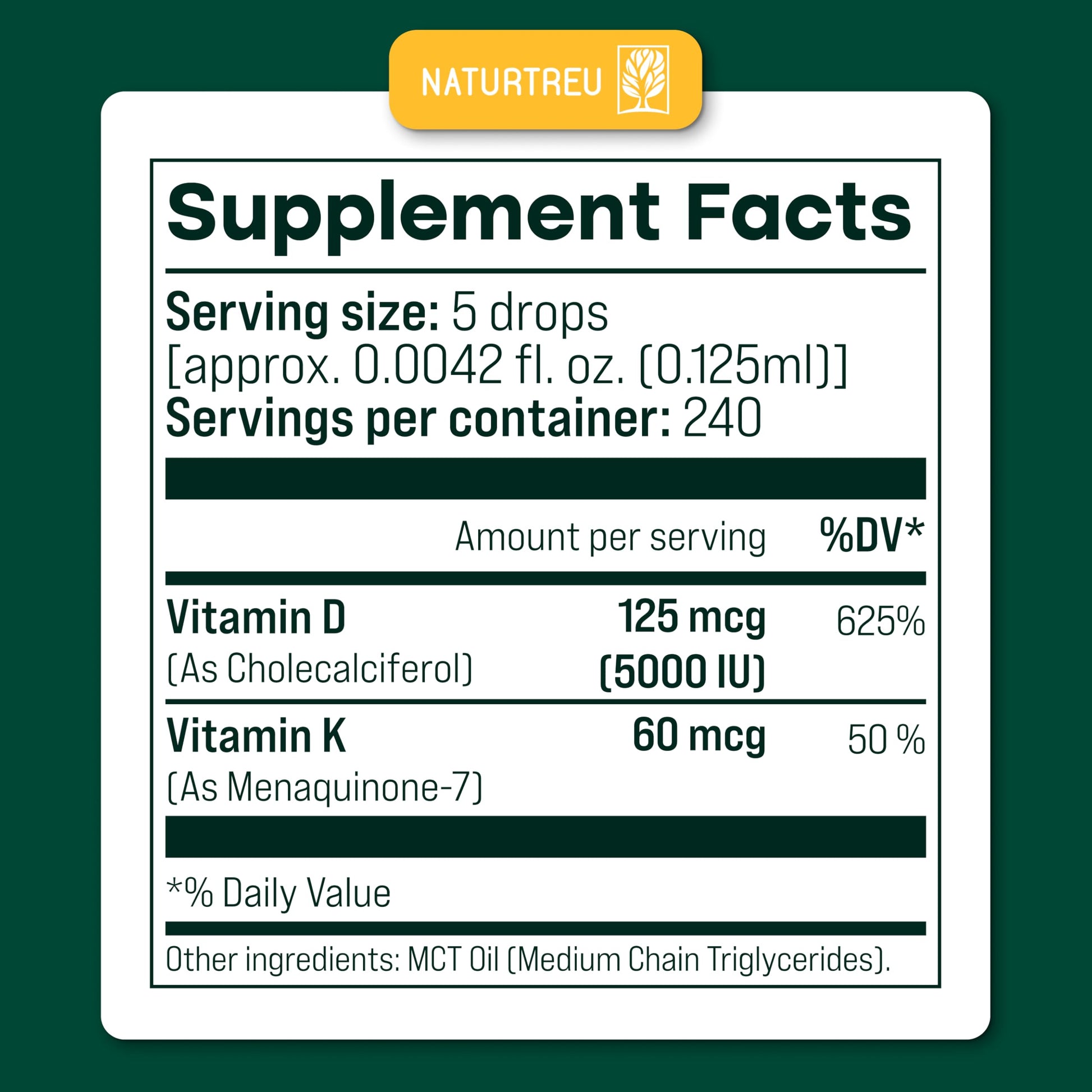 NATURTREU Vegan Vitamin D3 K2 Liquid Drops with MCT Oil for Adults (240 Servings) - Liquid Vitamin D K2 MK7 - All Natural, Non-GMO & Dr Formulated with 3X More Absorption - Third-Party Tested NATURTREU Au supplements