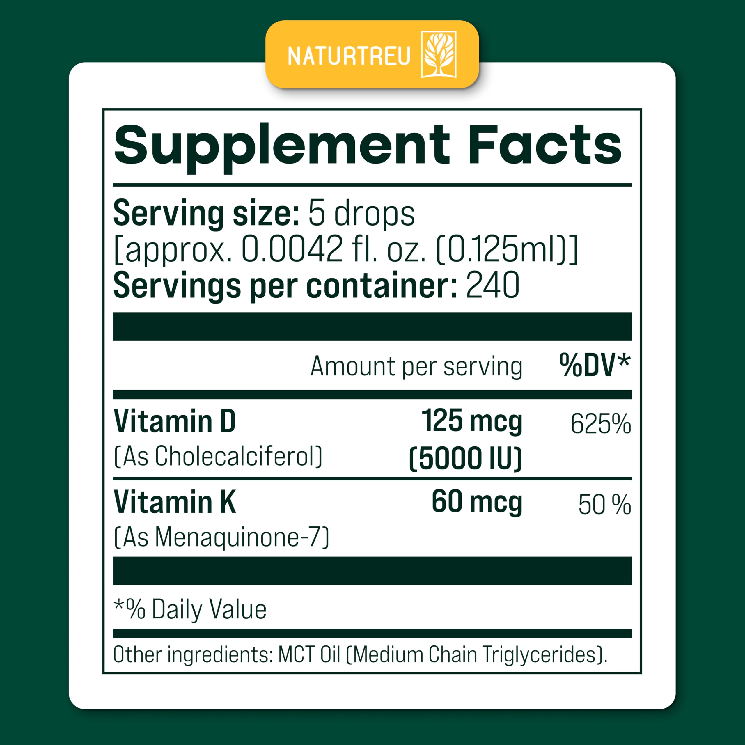 NATURTREU Vegan Vitamin D3 K2 Liquid Drops with MCT Oil for Adults (240 Servings) - Liquid Vitamin D K2 MK7 - All Natural, Non-GMO & Dr Formulated with 3X More Absorption - Third-Party Tested NATURTREU Au supplements
