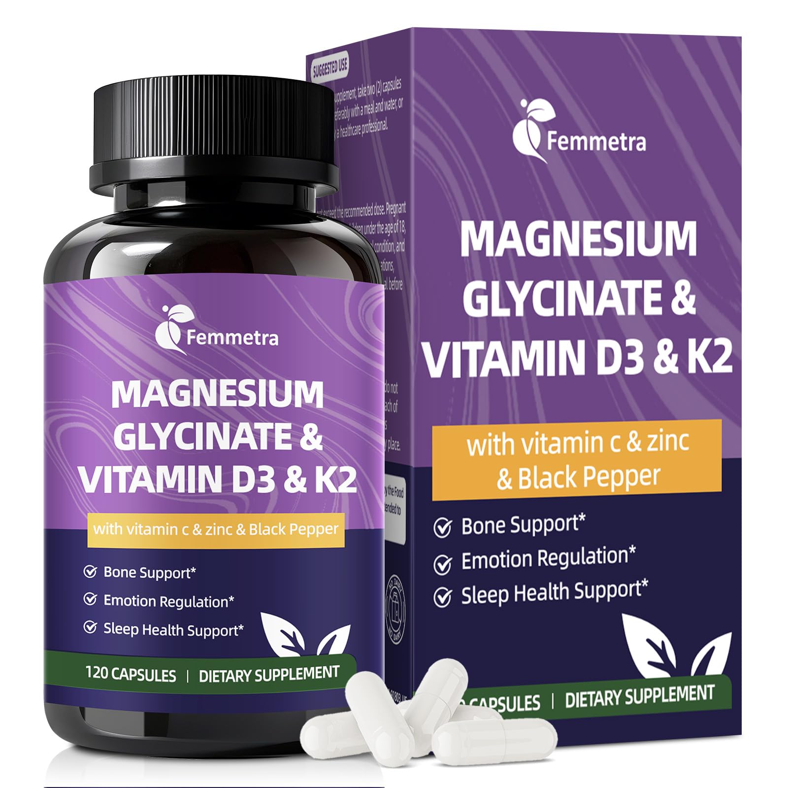 Magnesium Glycinate 600mg Vitamin D3 K2 Supplement with Vitamin C, Zinc, & Aloe Vera - Bone Support, Energy & Mood Manage & Sleep Health for Men & Women, Non-GMO, Vegan, 120 Capsules Femmetra Au supplements