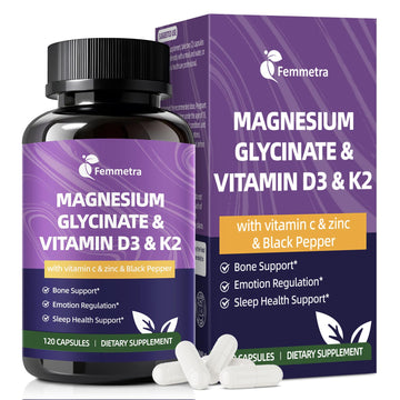 Magnesium Glycinate 600mg Vitamin D3 K2 Supplement with Vitamin C, Zinc, & Aloe Vera - Bone Support, Energy & Mood Manage & Sleep Health for Men & Women, Non-GMO, Vegan, 120 Capsules Femmetra Au supplements