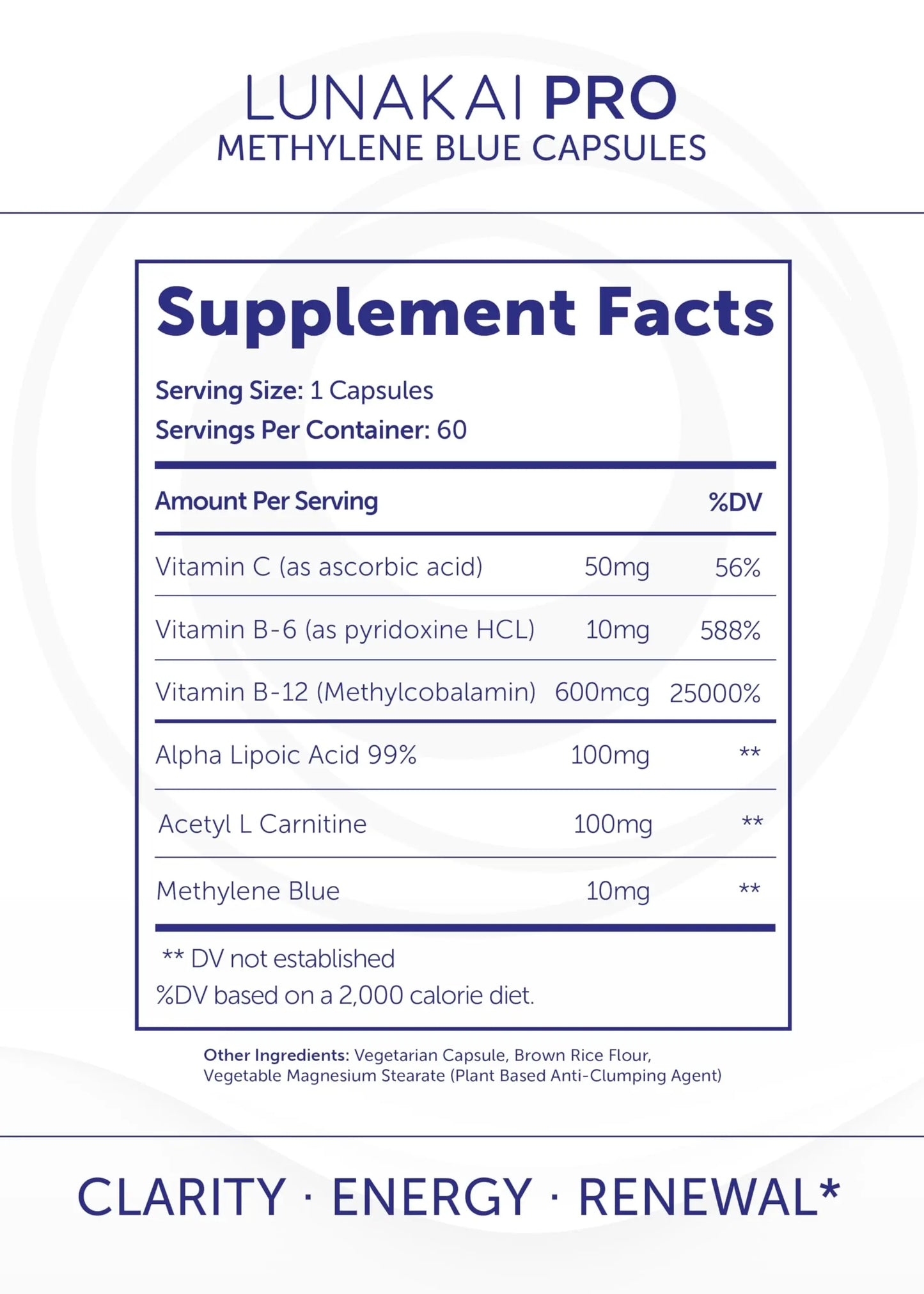Lunakai PRO USA Made Methylene Blue Capsules Pharmaceutical Grade with Vitamin C, B6, B12 – 3rd-Party Tested Daily Brain & Focus Support Supplement for Humans, 60ct Lunakainz supplements