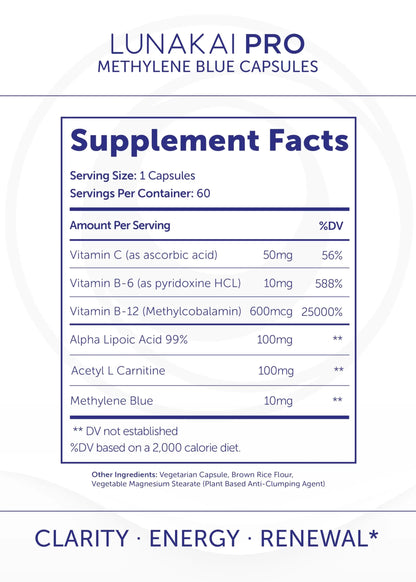 Lunakai PRO USA Made Methylene Blue Capsules Pharmaceutical Grade with Vitamin C, B6, B12 – 3rd-Party Tested Daily Brain & Focus Support Supplement for Humans, 60ct Lunakainz supplements