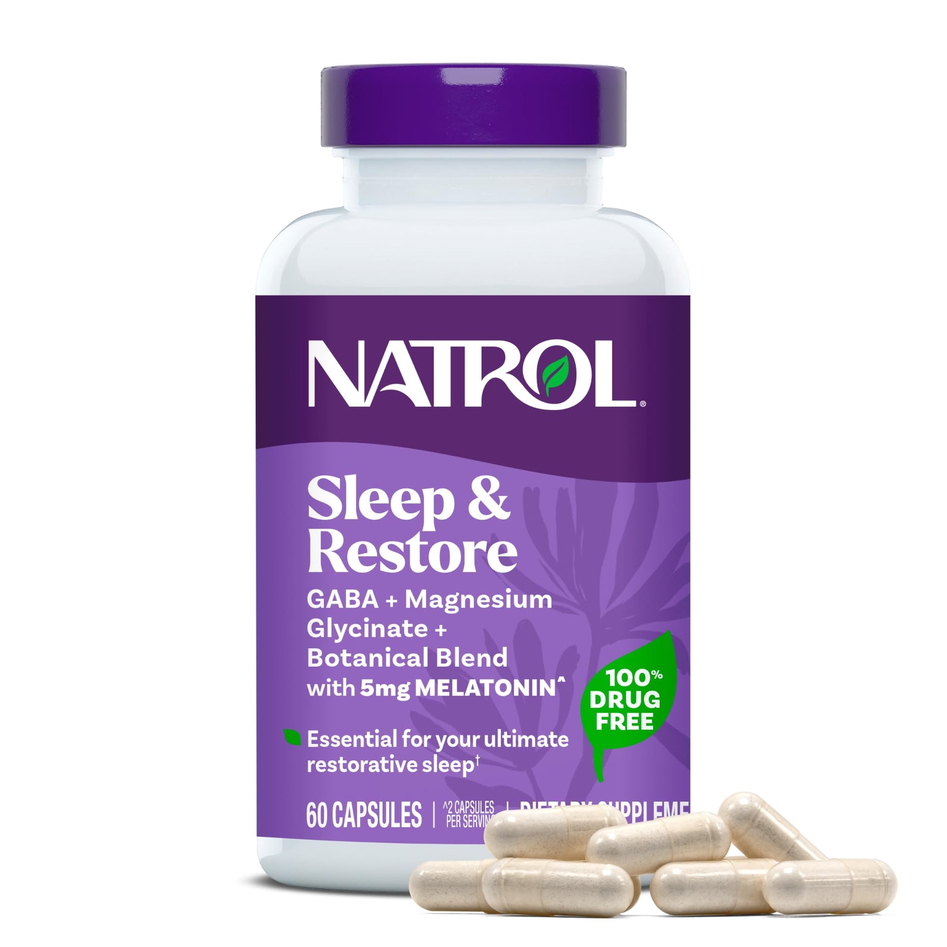 Natrol Sleep & Restore Capsules - Calm Magnesium Glycinate, Magnesium Sleep Aid with GABA, Melatonin 5mg, Botanical Blend, 30 Day Supply Natrol Au supplements