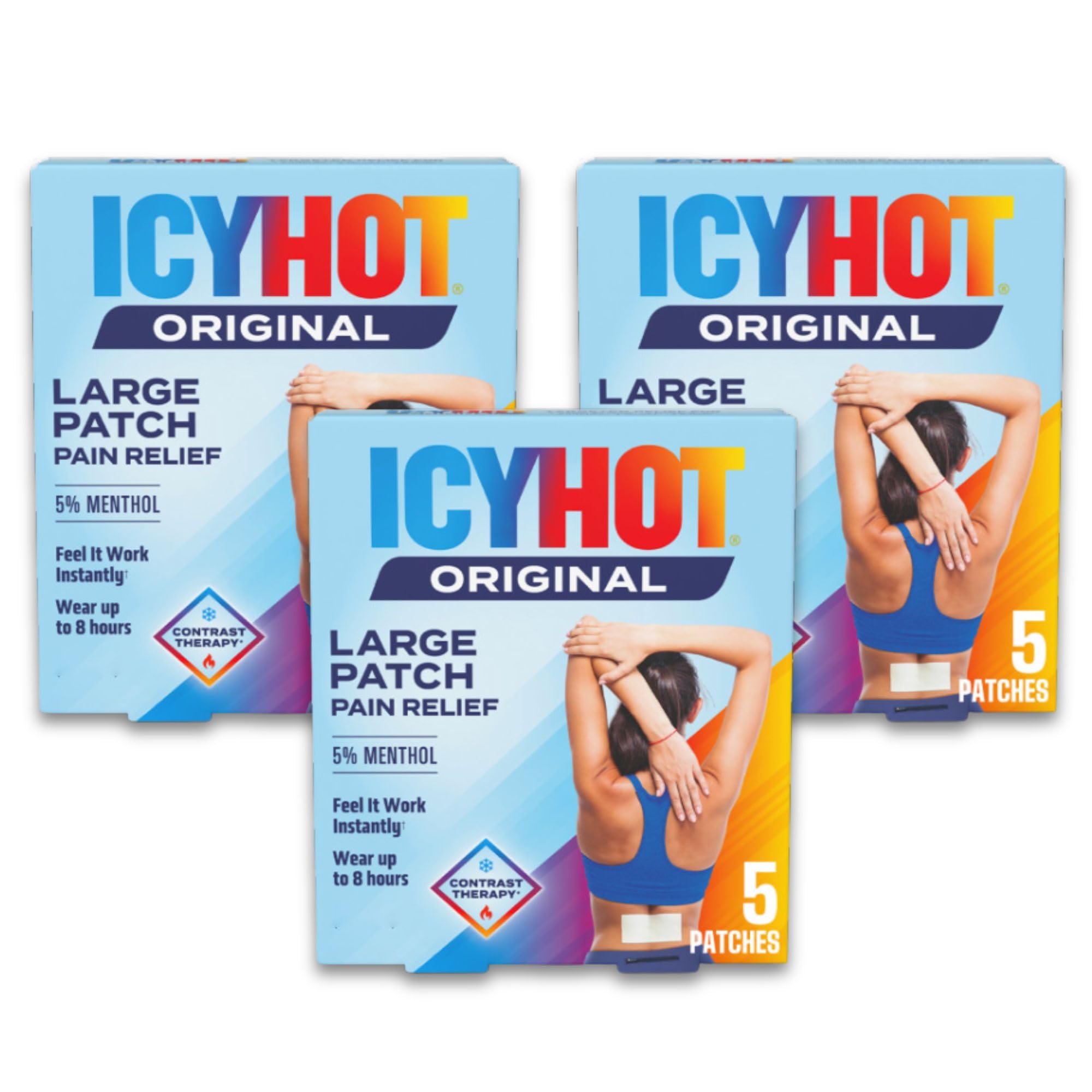Icy Hot Original Pain Relief Patch, Large Size Comfortable Fabric Patches with Menthol 5%, Ice and Heat Contrast Therapy for Backaches, Joints, Muscle Strains and Arthritis, 5 ct., 3 Pack Icy Hot Au supplements