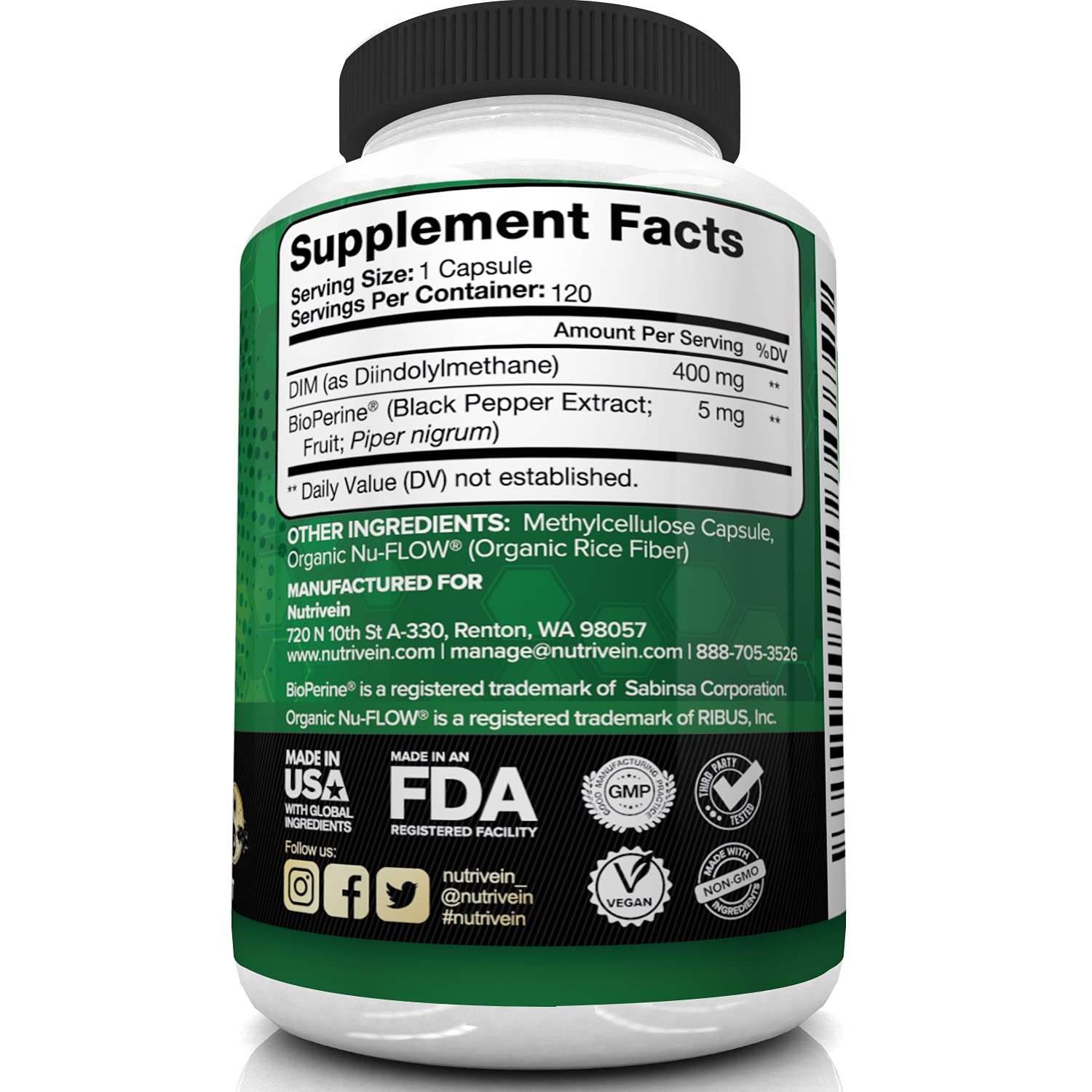 Nutrivein DIM Supplement 400mg Diindolylmethane Plus Bioperine - Maintain Hormone Nutrivein Au supplements