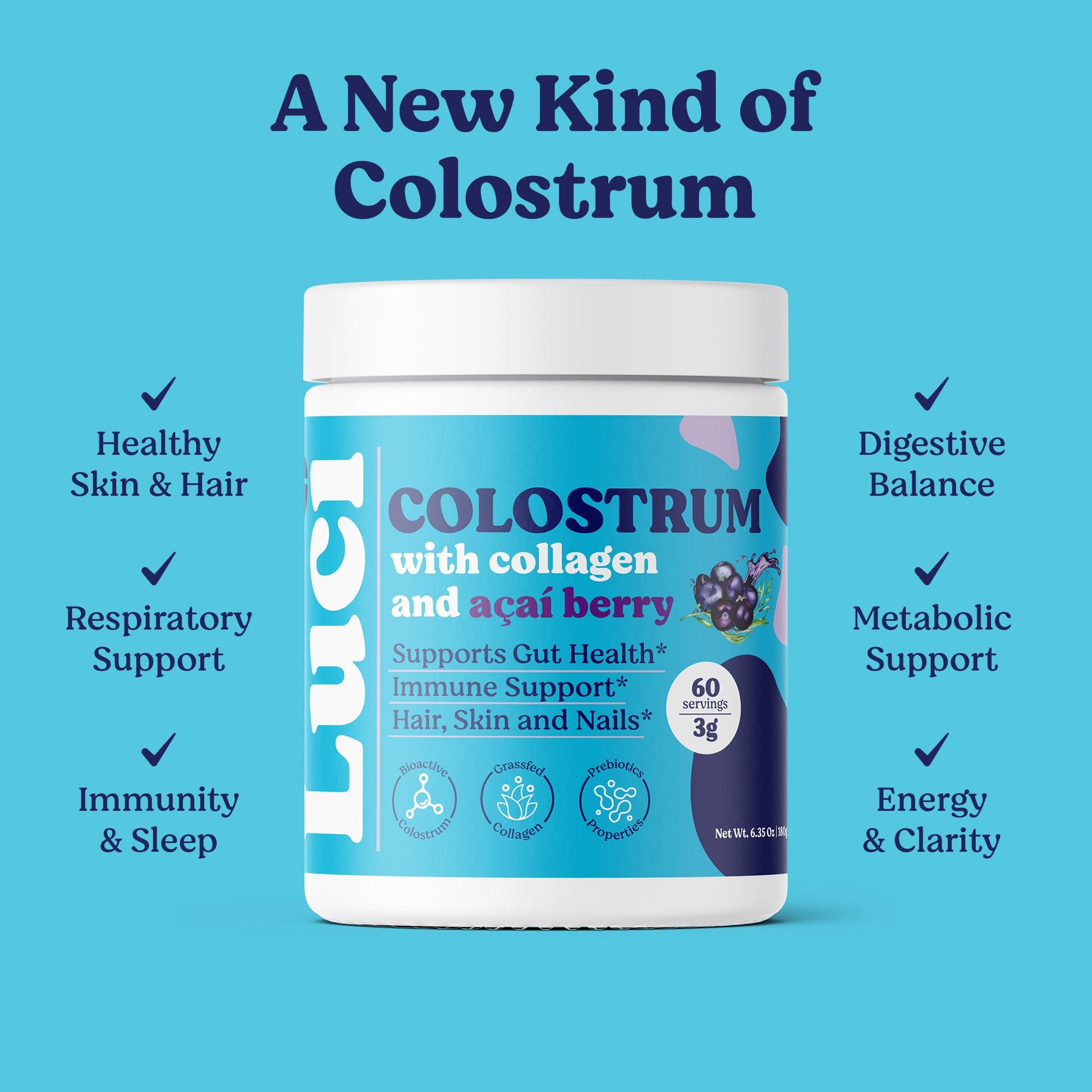 Luci Colostrum Powder 60 Servings, 3 in 1 with Collagen Peptides and Acai, Bovine Colostrum for Gut Health, Bloating, Collagen Protein for Muscle, Skin, Hair, Nails and Immunity, Gluten & Fat Free Luci Nutrition Au supplements