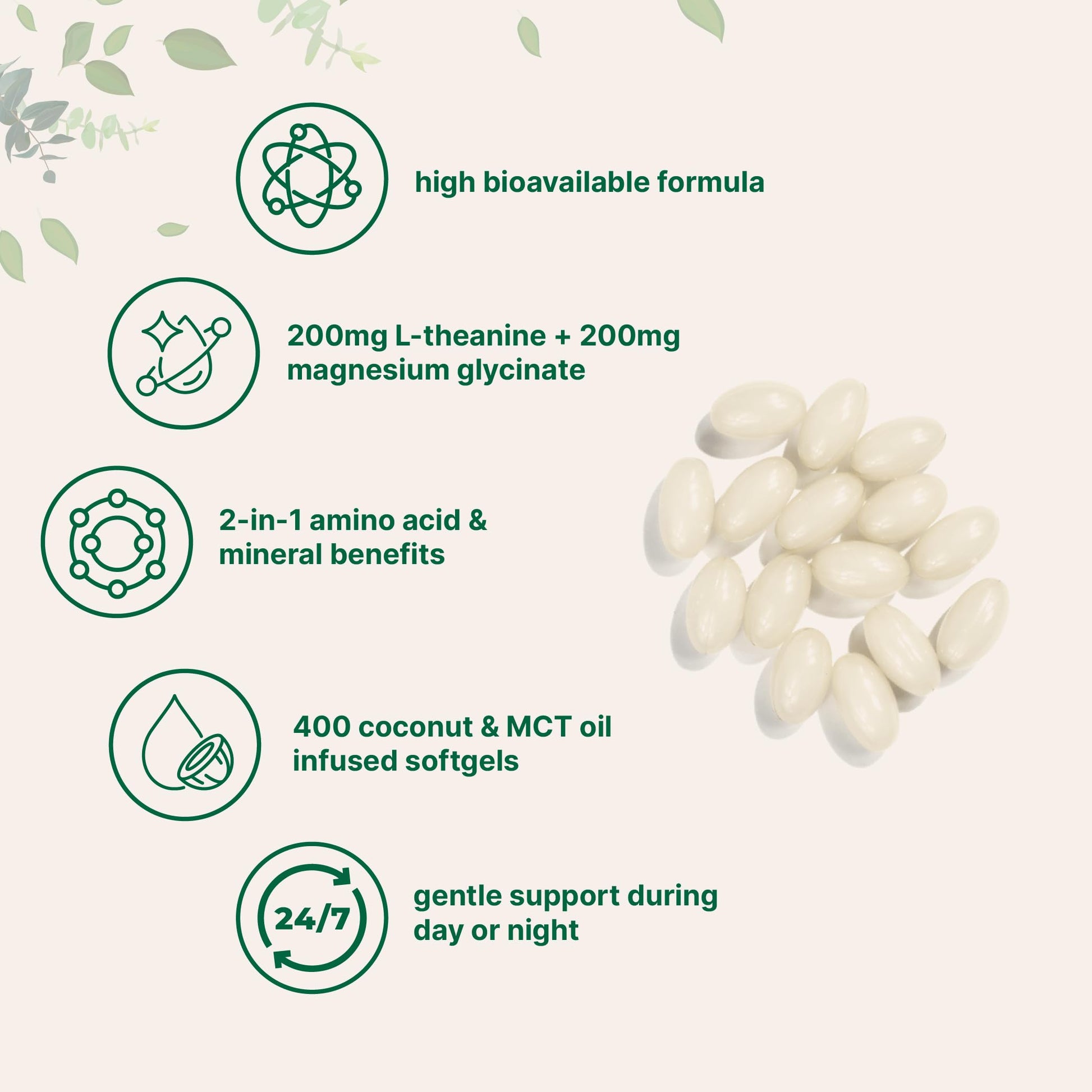 L-Theanine 200mg with Magnesium Glycinate, 400 Coconut MCT Oil Softgels | 2-in-1 Amino Acid & Mineral Complex | Gentle Care All Day & Night Micro Ingredients Au supplements