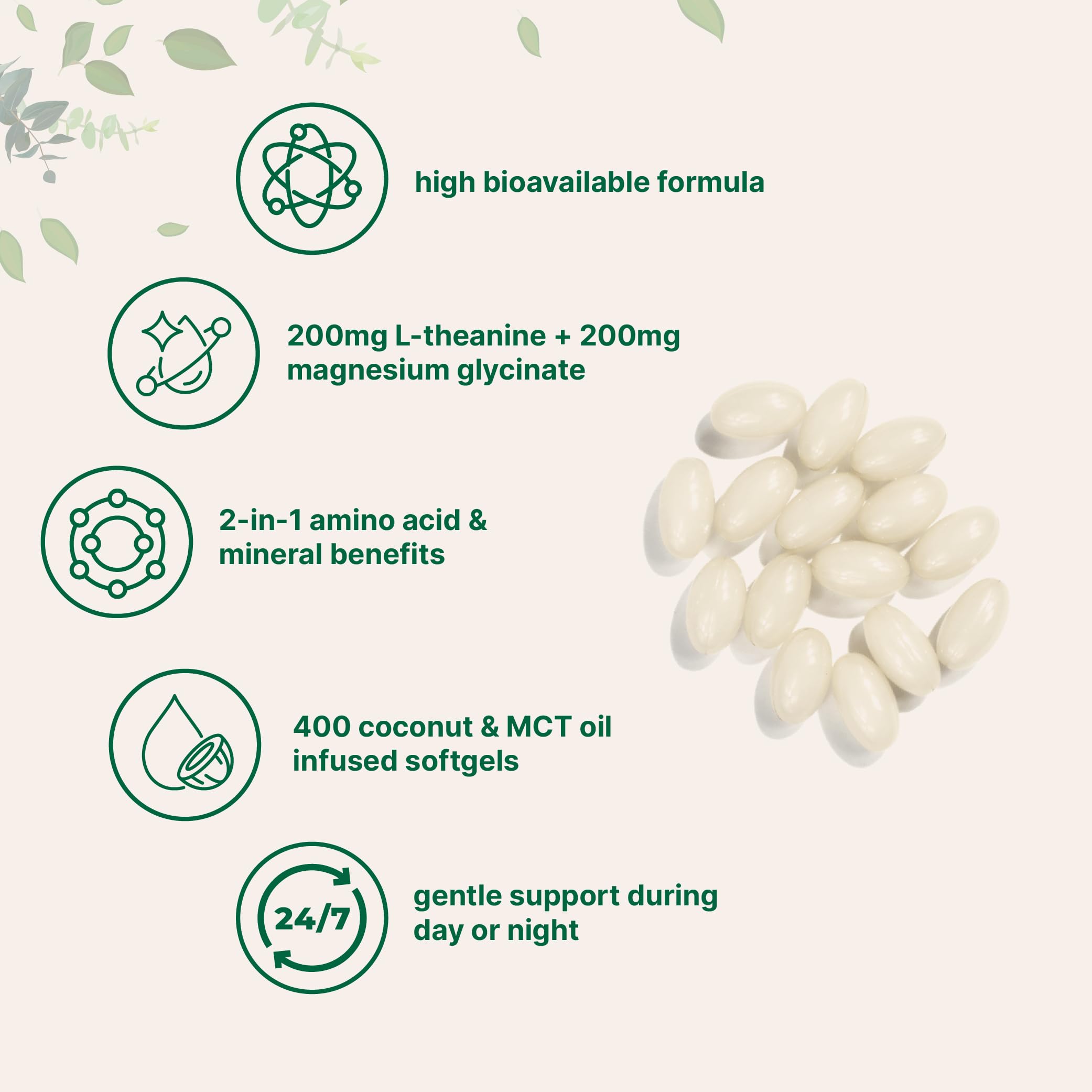 L-Theanine 200mg with Magnesium Glycinate, 400 Coconut MCT Oil Softgels | 2-in-1 Amino Acid & Mineral Complex | Gentle Care All Day & Night Micro Ingredients Au supplements