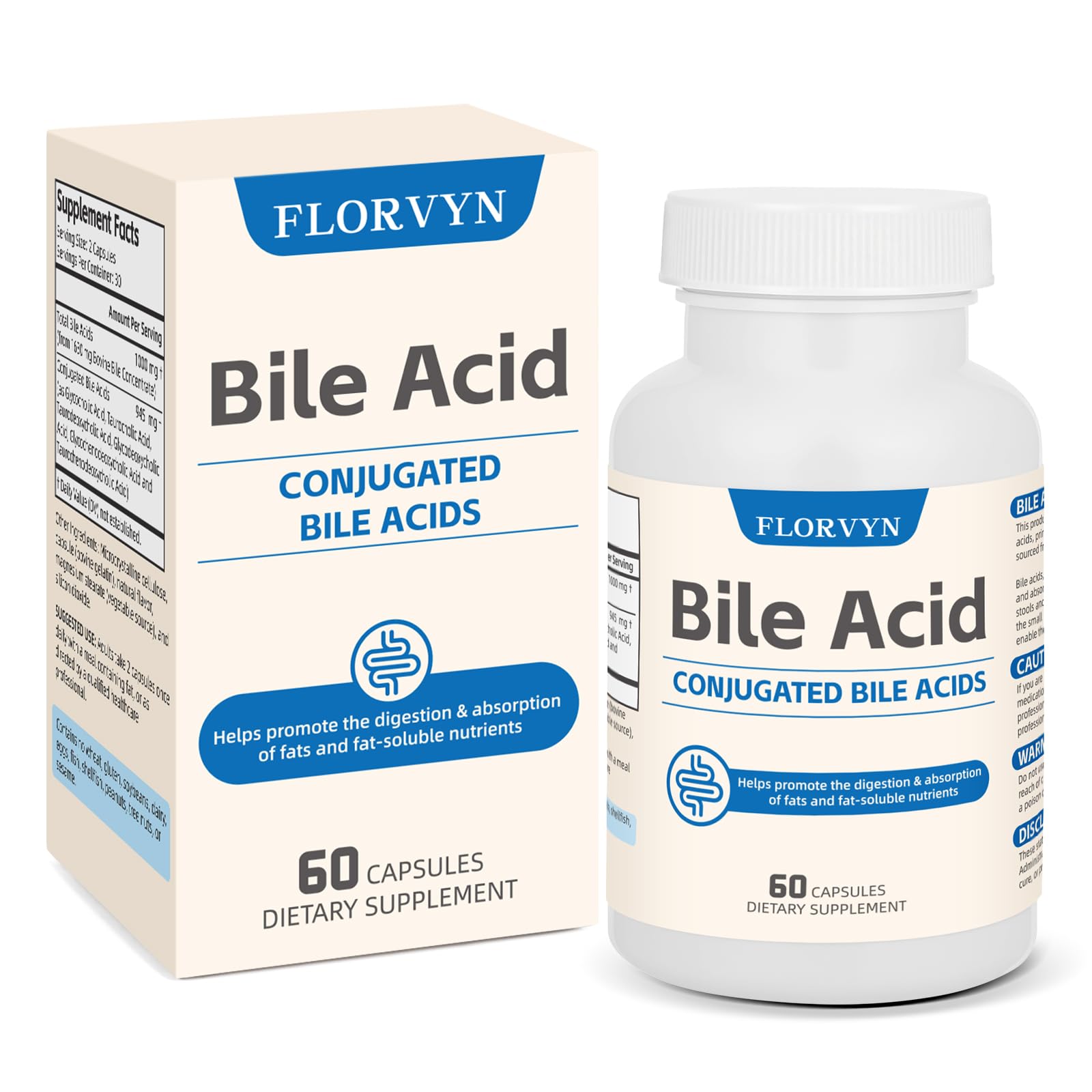 Florvyn Conjugated Bile Acid Supplement 1000mg – Supports Fat Digestion & Absorption of Fats & Fat-Soluble Nutrients, Gut Comfort & Nutrient Utilization, 60 Capsules, 30 Day Supply Florvyn Au supplements