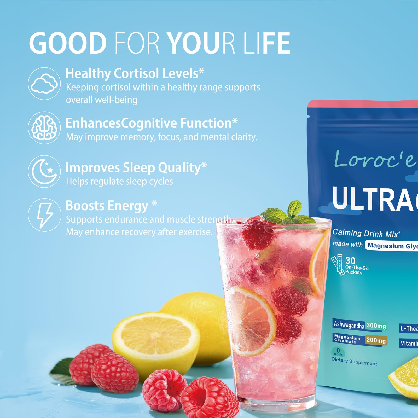 UltraCalm Super Cortisol Drink with Magnesium Glycinate, Ashwagandha, L-Theanine, Vitamin D3, Magnesium Powder for Sleep & Stress Relief, Raspberry Lemonade (30 Servings) Loroc'e Au supplements