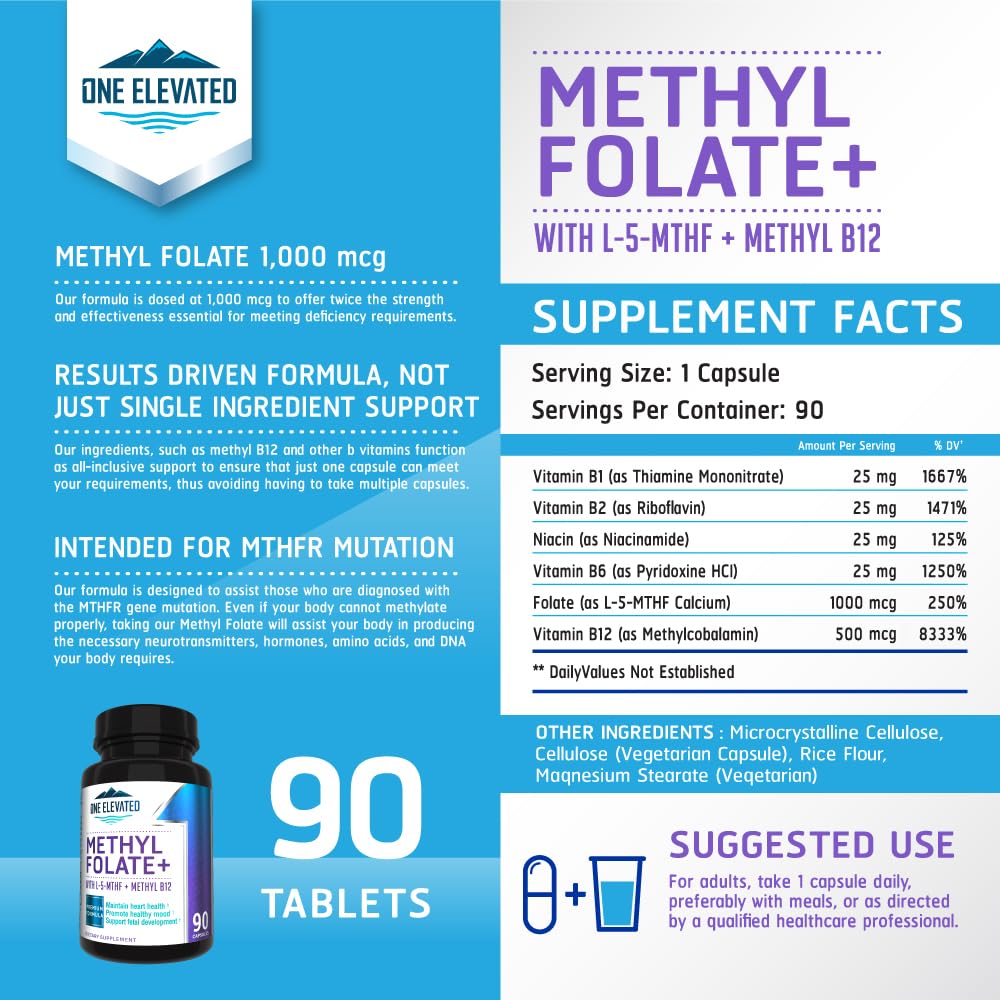 Double Strength & Most Bioactive Methyl Folate! Uniquely Formulated with Highest Pharmaceutical Grade Methylcobalamin (B12), Niacin, B1, B2 B6. Works Synergistically for Max Results-3 Month Supply One Elevated Au supplements