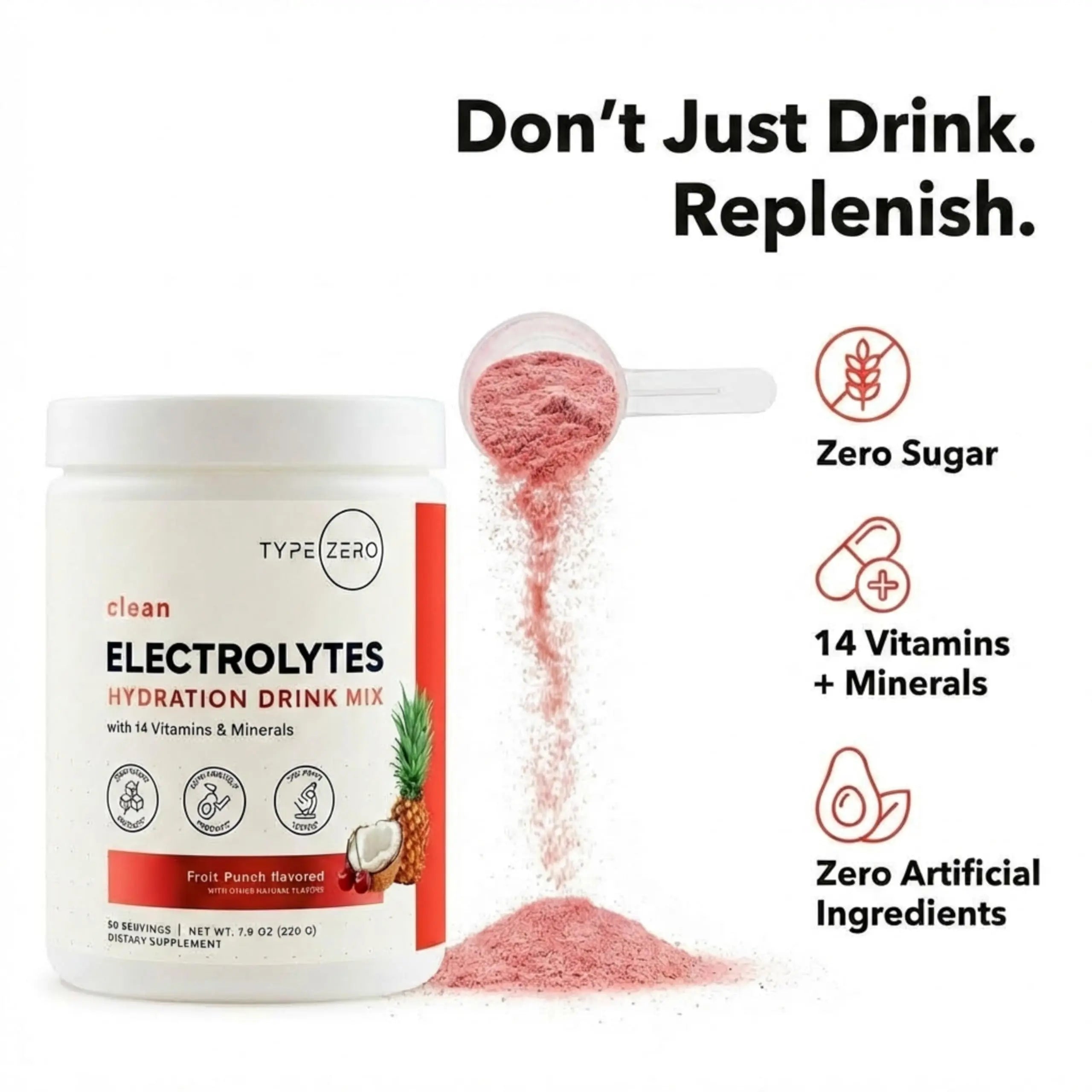 Type Zero Clean Electrolytes Hydration Powder Drink Mix + 14 Essential Vitamins & Minerals - Sugar Free, Zero Artificial Ingredients - Fruit Punch, 50 Servings Type Zero Au supplements