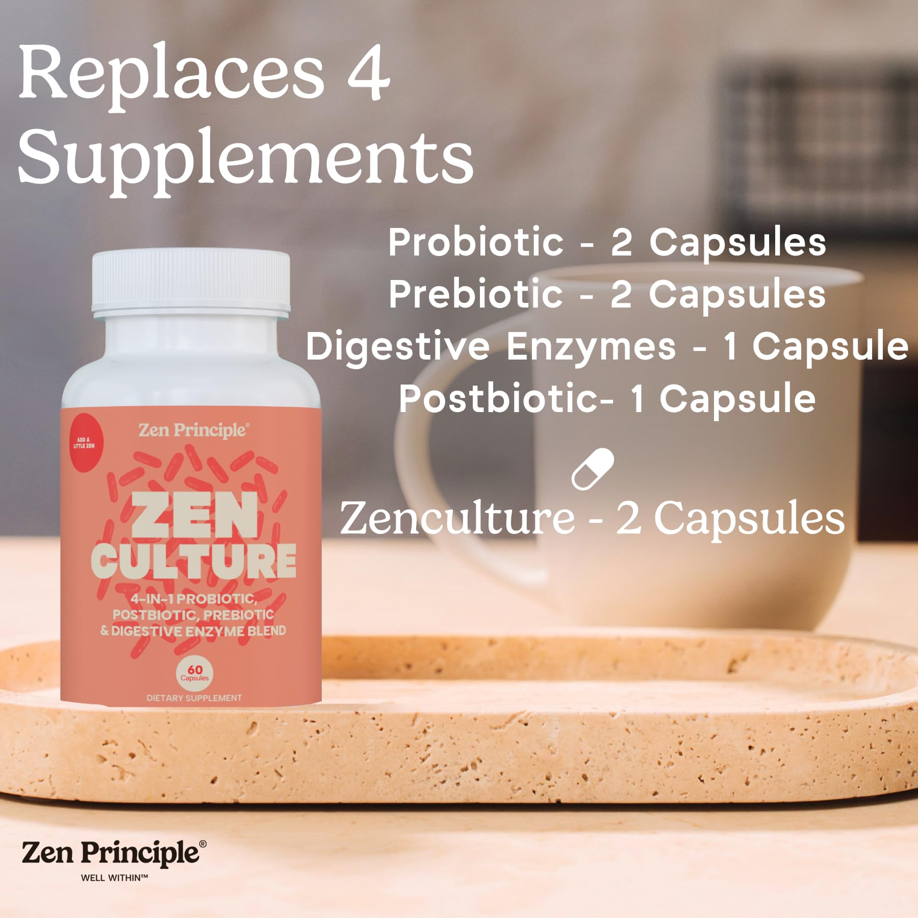Zen Principle Zenculture™ – 4-in-1 Synbiotic Supplement (Probiotic + Prebiotic + Postbiotic + Digestive Enzymes) with CoreBiome®. Anti Bloating, Immune & Brain-Gut Health. 120 Capsules Zen Principle Au supplements