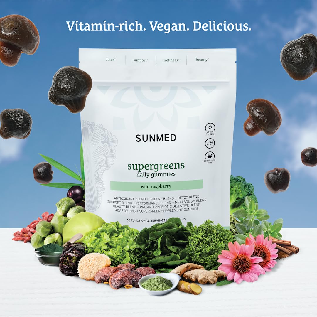 SUNMED Supergreens Daily Gummies – Wellness Blend with Ashwagandha, Green Tea, Spirulina, Probiotics, Antioxidants & Detox Support for Immunity, Gut, Skin & Brain Health | Wild Raspberry, 60ct SUNMED Au supplements