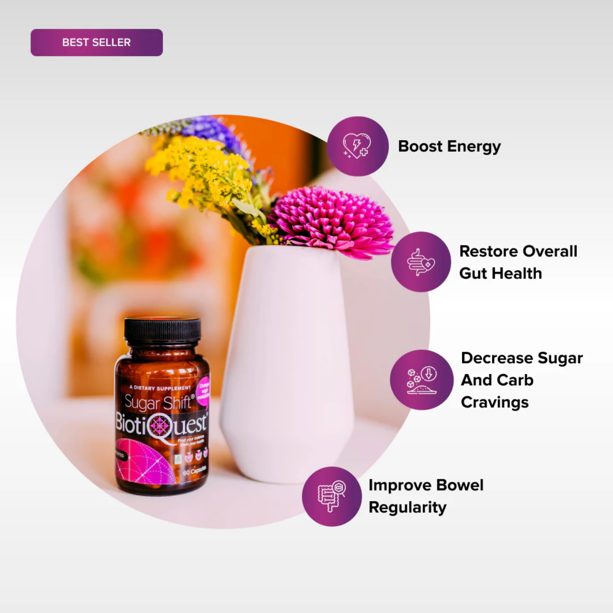 BiotiQuest Sugar Shift Probiotic | Helps Decrease Sugar & Carb Cravings and Supports Digestive Balance | 22 Billion CFU | Non-GMO, Gluten-Free, & Vegan | 60 Servings BiotiQuest Au supplements