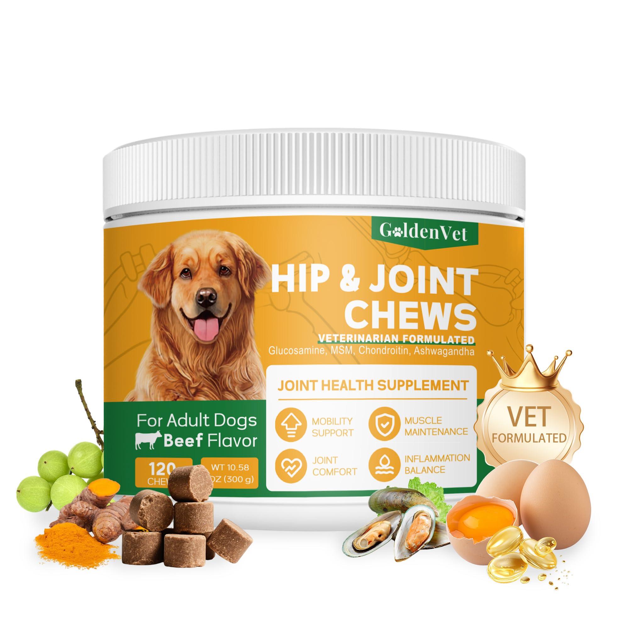 Hip and Joint Chews for Senior Dogs with Glucosamine HCL, Chondroitin, Green-lipped Mussel, Ashwagandha for Anti Inflammatory, Mobility Support, Muscle Maintenance, Joint Comfort 120 Ct GOLDENVET Au supplements