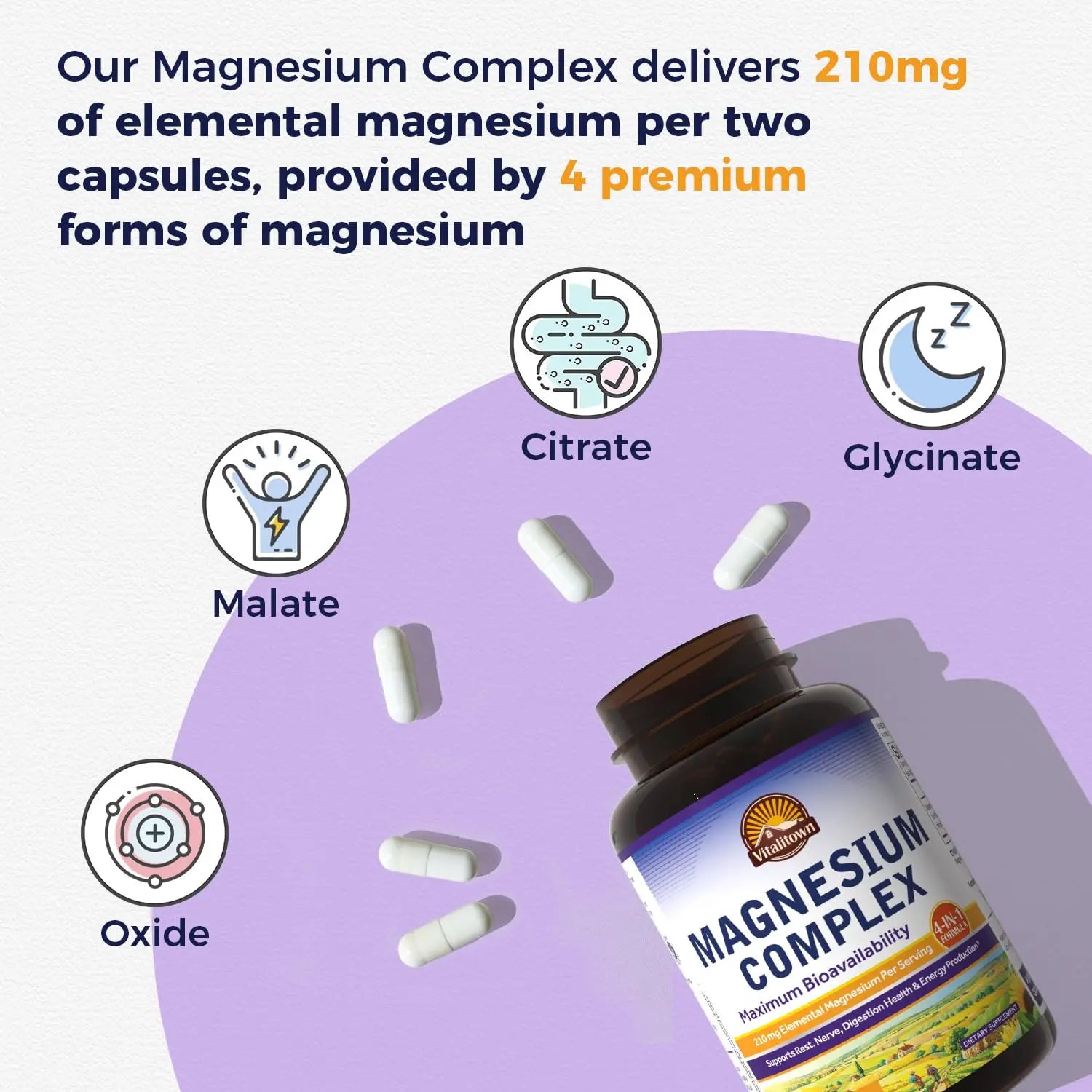 Vitalitown Magnesium Complex | Chelated Easily Absorbed Magnesium Glycinate Citrate Malate | Buffered | 210mg Elemental Mag | Sleep, Nerve, Digestion, Energy | Non-GMO 240 Veg Caps Vitalitown Au supplements