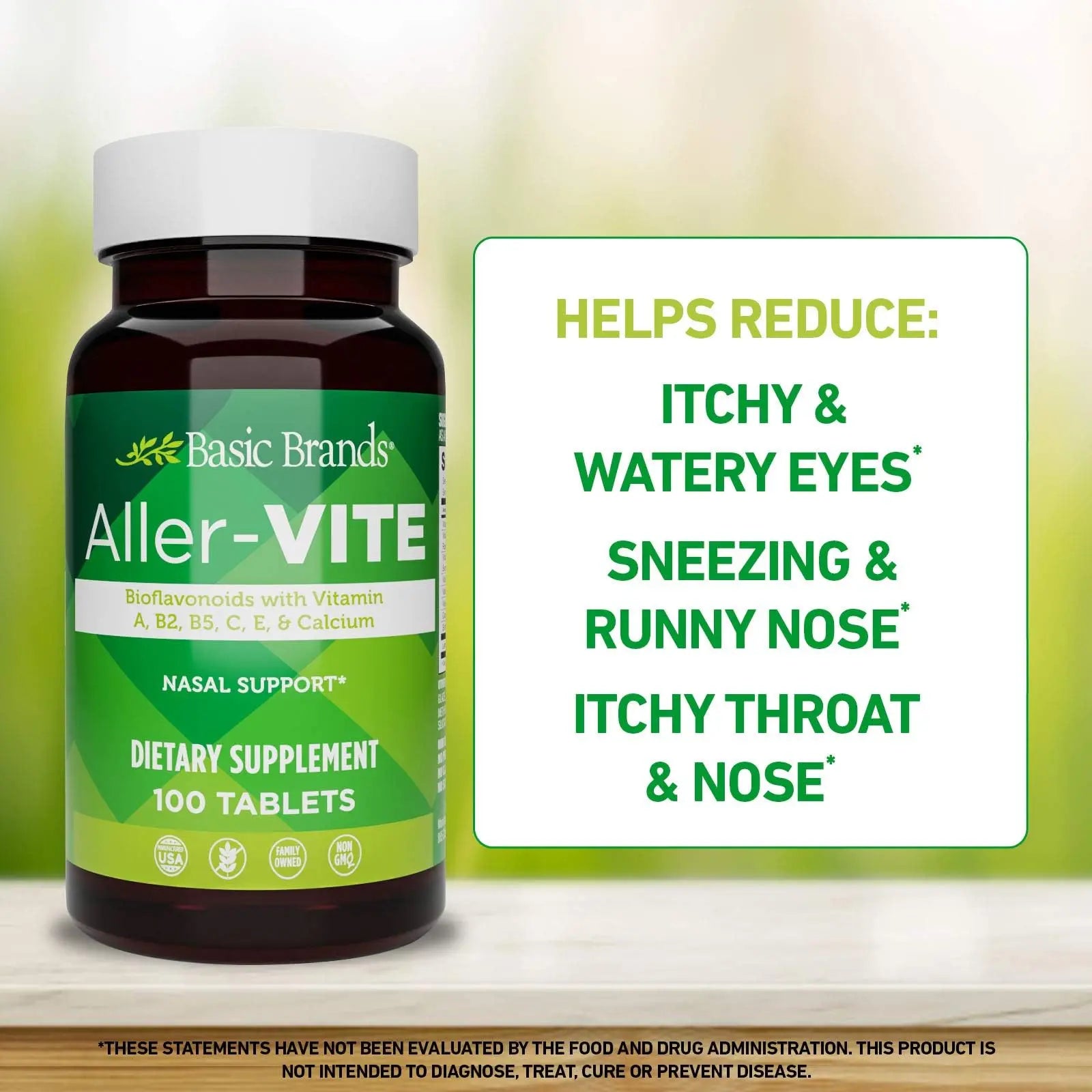 Basic Brands Aller Vite Nasal Support Tablets for Seasonal Allergy Relief, High Bioflavonoid Complex with Vitamins and Calcium, Gluten Free Daily Supplement, 100 Tablets Basic Brands Au supplements