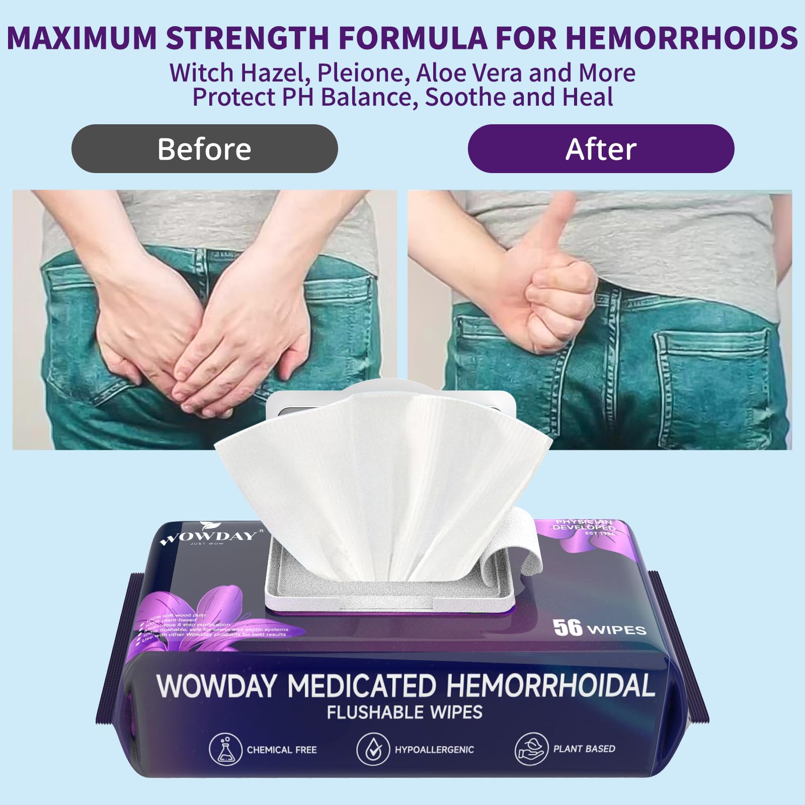 Wowday Flushable Hemorrhoid Wipes | Maximum Strength Witch Hazel Wipes | 56 Count Fragrance Free Adult Hemorrhoids Medicated Witch Hazels Wipe for Butt Hemorrhoidal Itch WowDay Au supplements