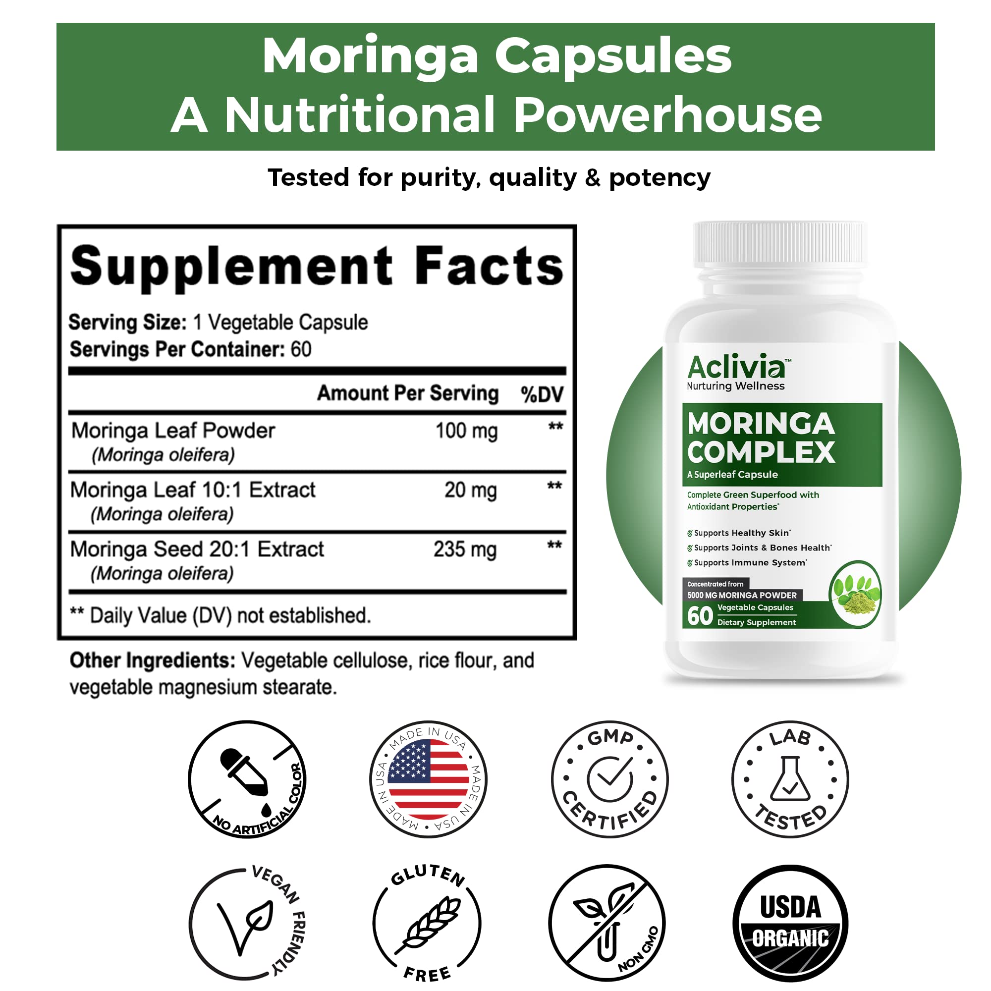 Aclivia - Moringa Complex - Maximum Strength Moringa Oleifera Leaf & Seed Supplement - Superfood Capsules with Antioxidant Properties - 5000mg - 60 Capsules Aclivia Au supplements
