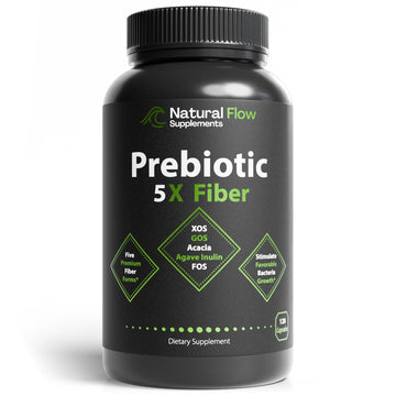Prebiotic Fiber Supplement 5-in-1 Capsules - Natural Flow 5X Fiber XOS, GOS, FOS, Acacia and Agave Inulin, Daily Soluble Fiber Formula for Gut Support